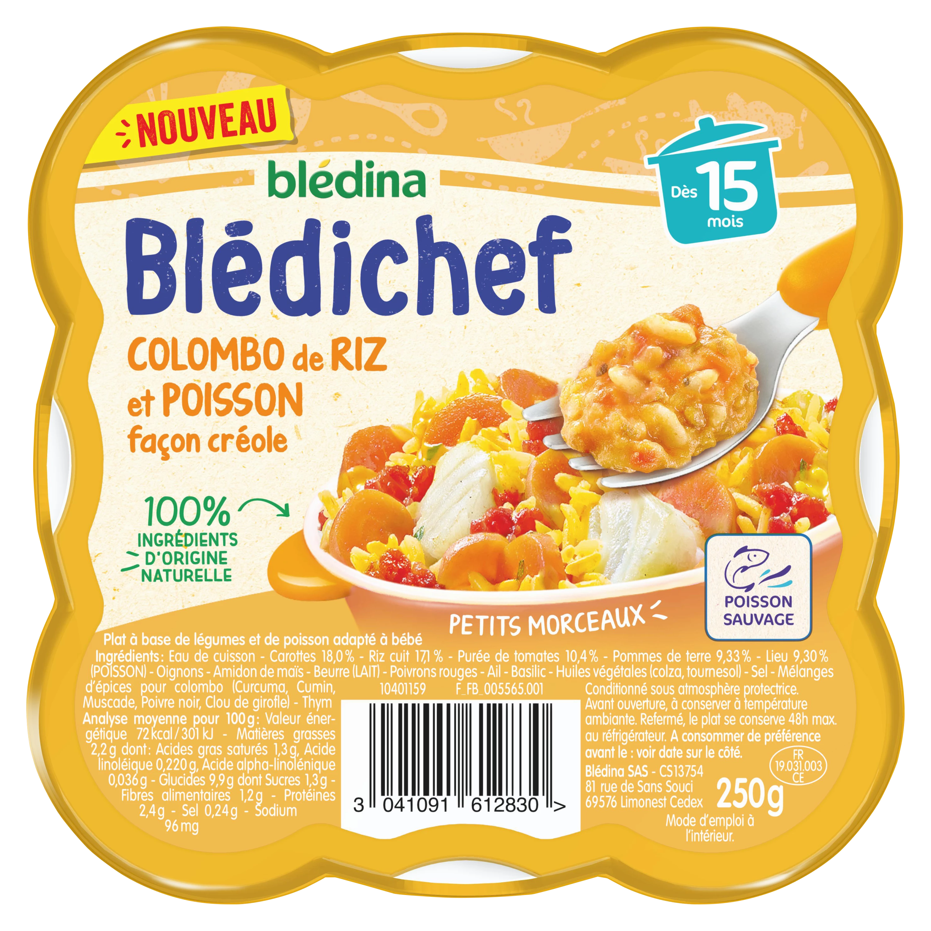 Blédichef 科伦坡 15 个月婴儿菜肴，克里奥尔风格米饭和鱼 250 克 - BLEDINA