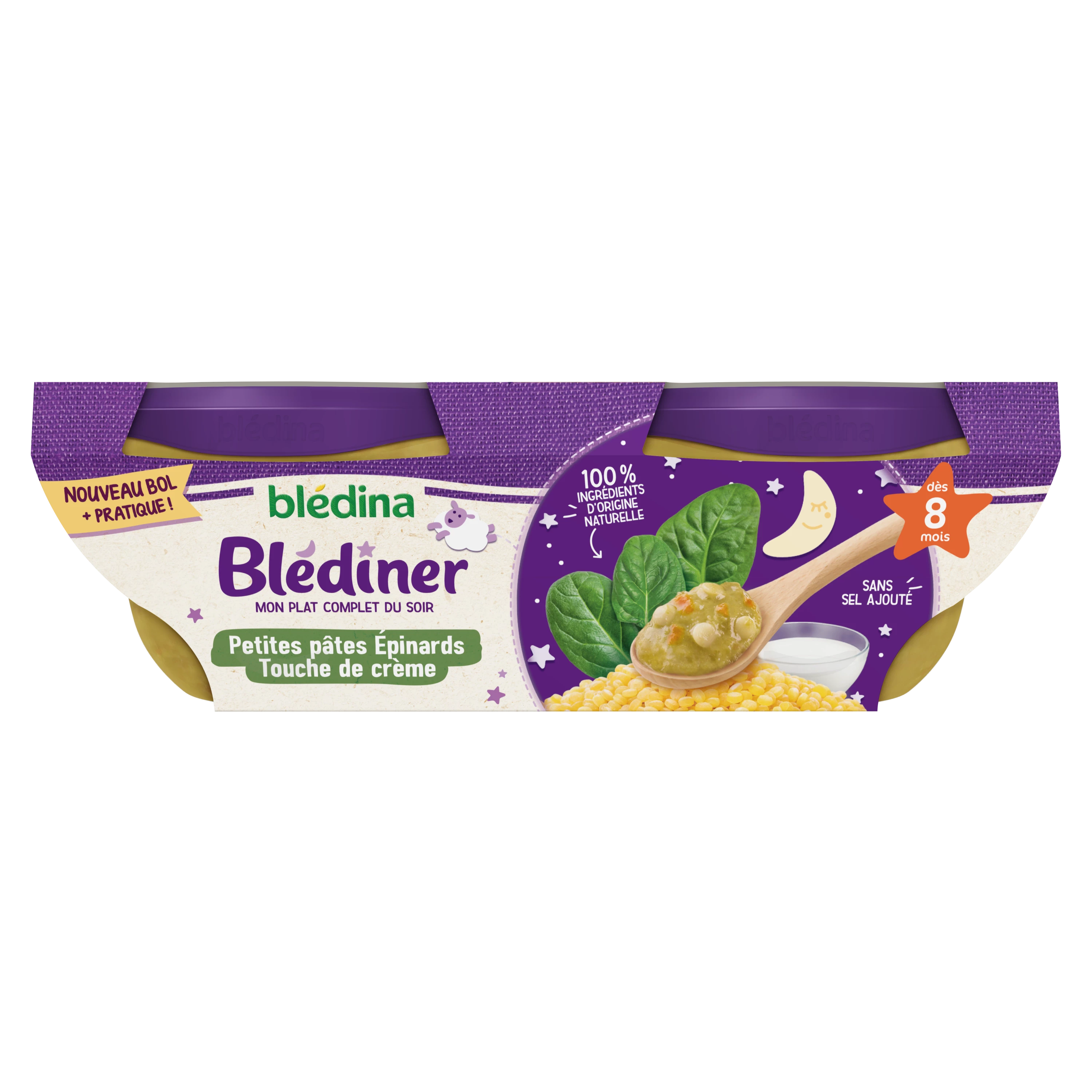 طبق مسائي بليدينر للأطفال من 8 أشهر معكرونة سبانخ صغيرة بالكريمة 2*200 جرام - BLÉDINA