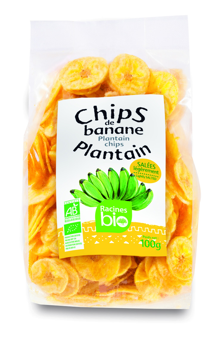 Chips de banana salgada (24 x 100 g) - Racines Bio