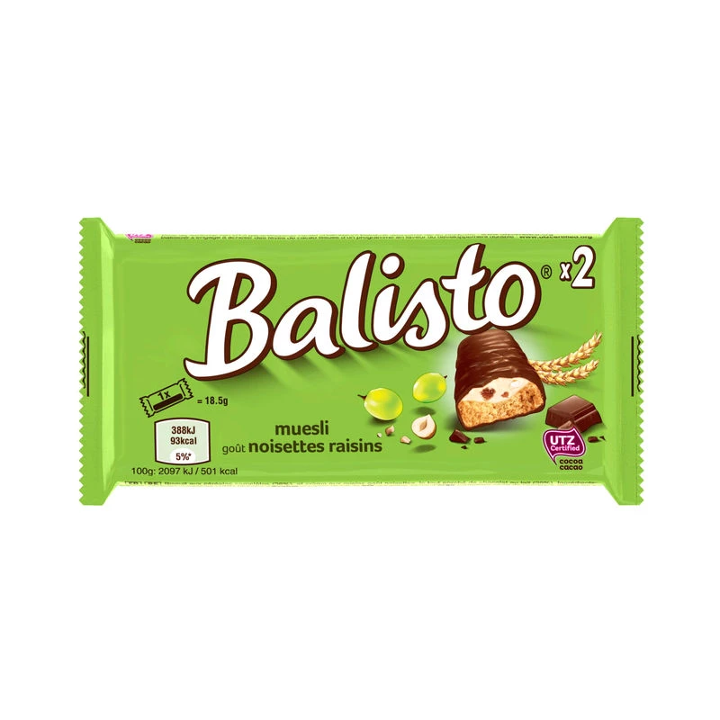 Barres chocolatées crème au lait et raisin noisette x10 18;5g - BALISTO