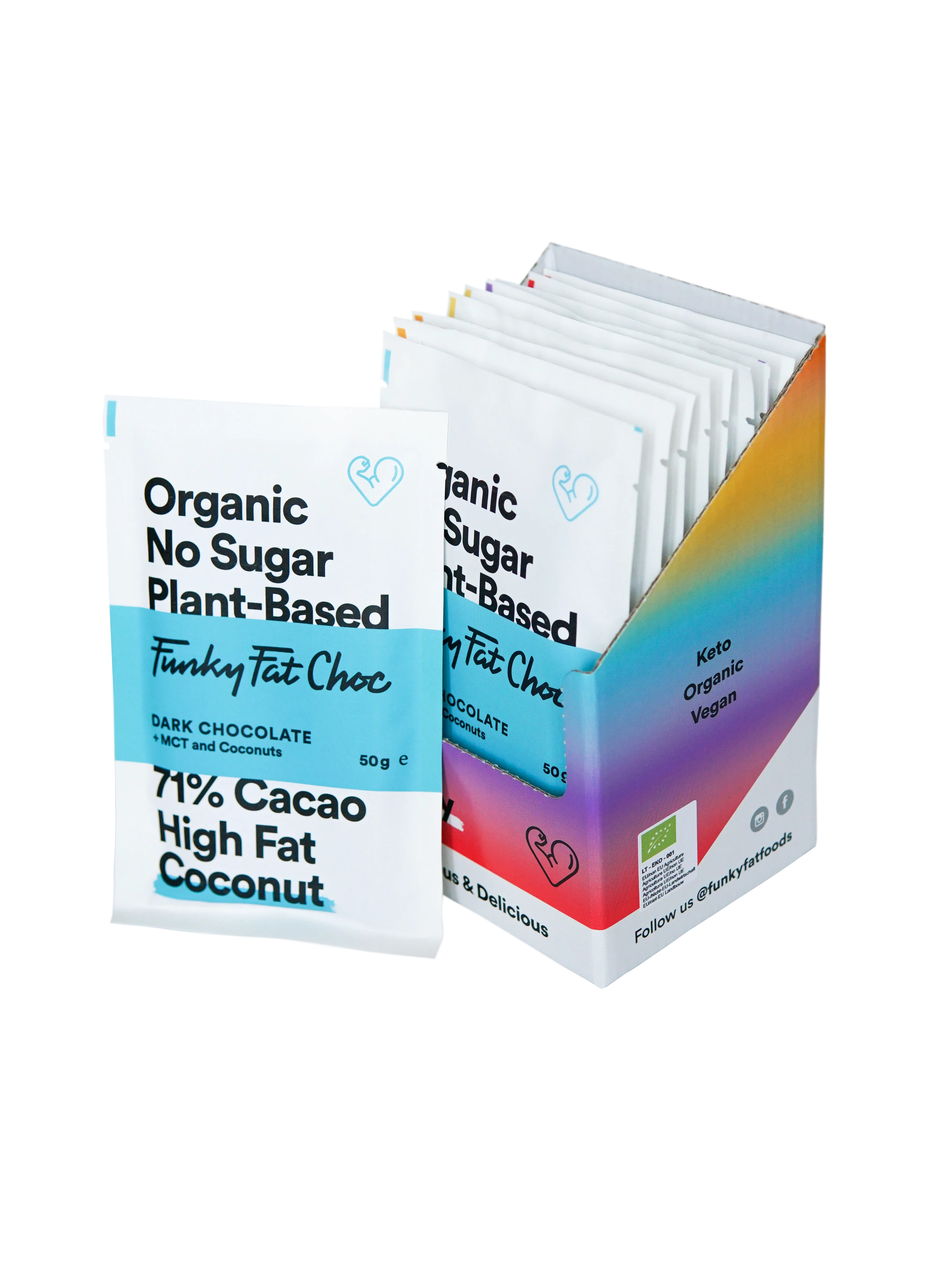 Шоколадные батончики Organic Mix, всего 10 шт. (2 белых шоколада, 2 темных шоколада, 2 кокоса, 2 фундука, 2 кофе) - FUNKY FAT CHOC