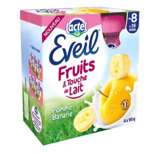 Eveil Fruit&Touche de Lait Pomme  Banane 4x90g - LACTEL
