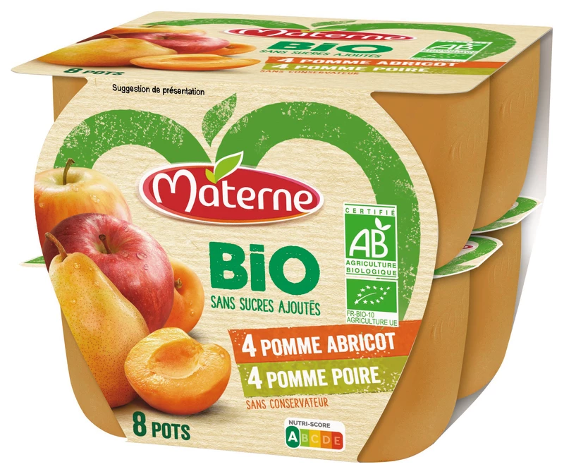 Compotes pomme poire, pomme abricot sans sucres ajoutés Bio 8x100g - MATERNE