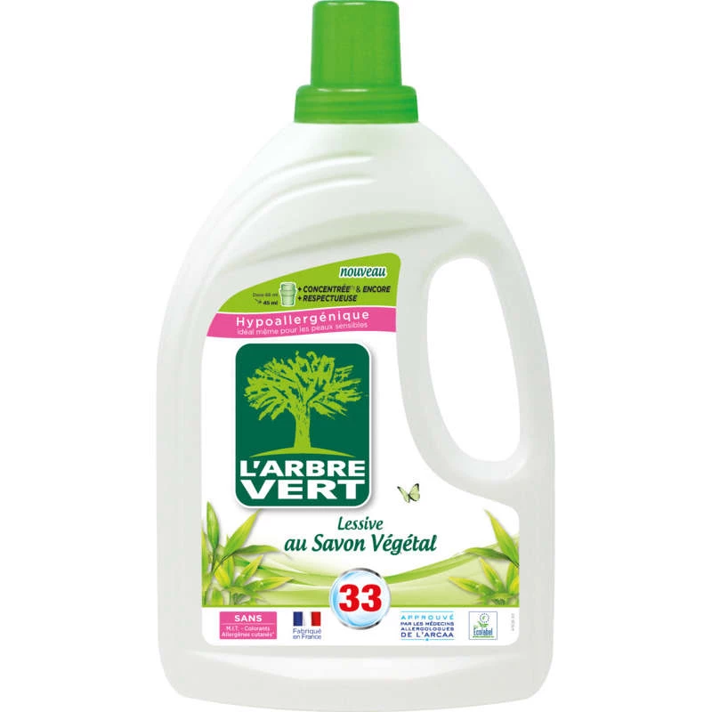 Grossiste Lessive liquide 1,5l hypoallergénique au savon végétal - L'ARBRE  VERT