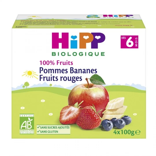 Compotes bébé Bio pommes/ bananes/ fruits rouges dès 6 mois 4x100g - HIPP