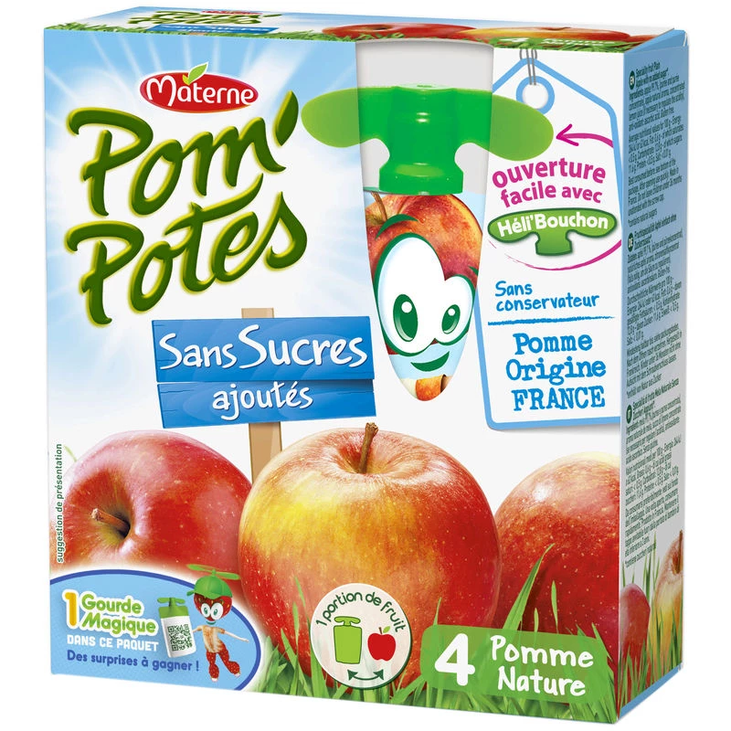 Naturel appelmoes zonder toegevoegde suiker 4x90g - POM' POTES