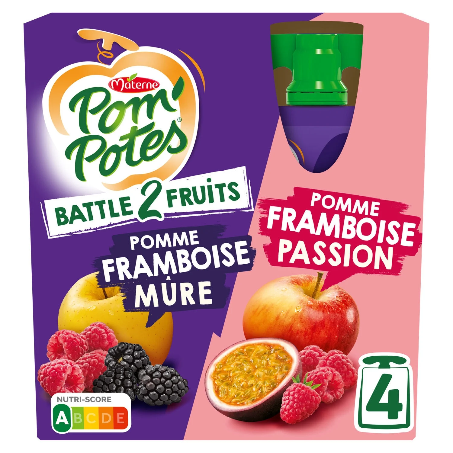 Compotes Battle2Fruits Pomme Framboise Passion, Pomme Framboise Mûre 4x90g - POM' POTES