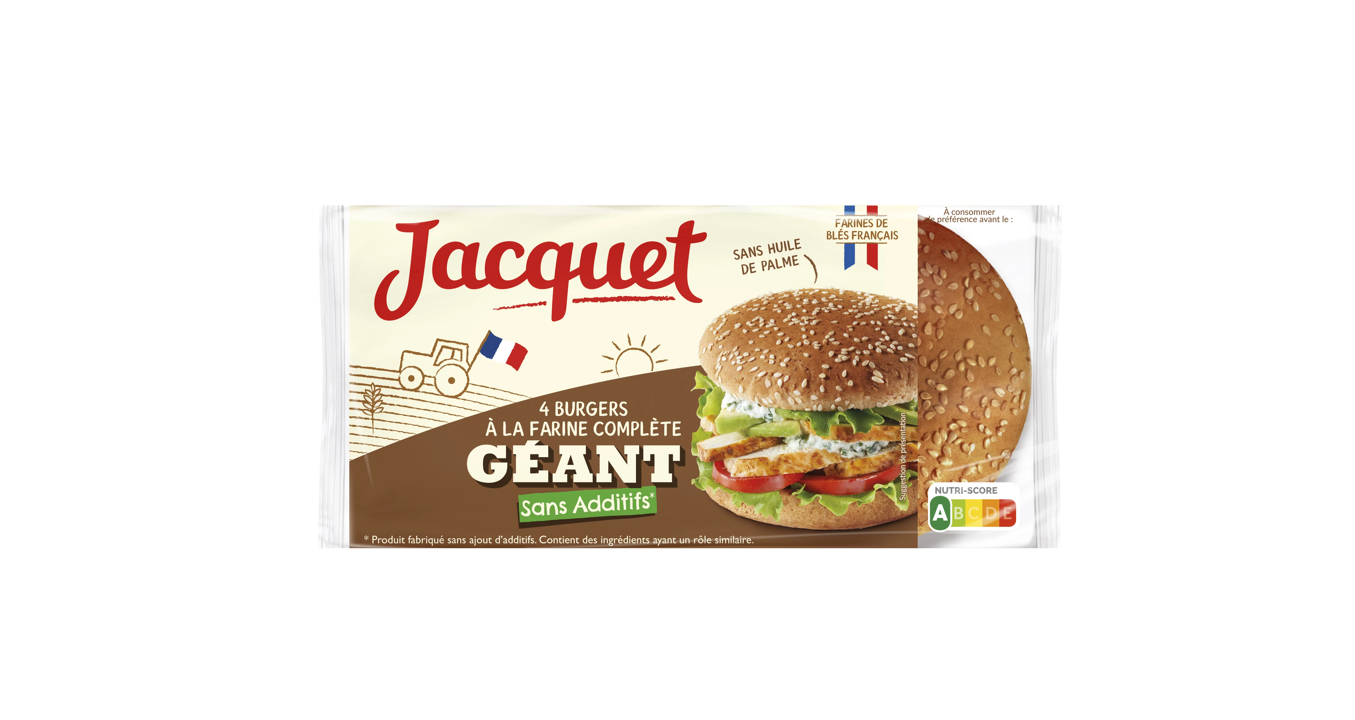 Pain Pour Hamburger Géant à la Farine Complète Sans Sucres Ajoutés x4 350g - JACQUET