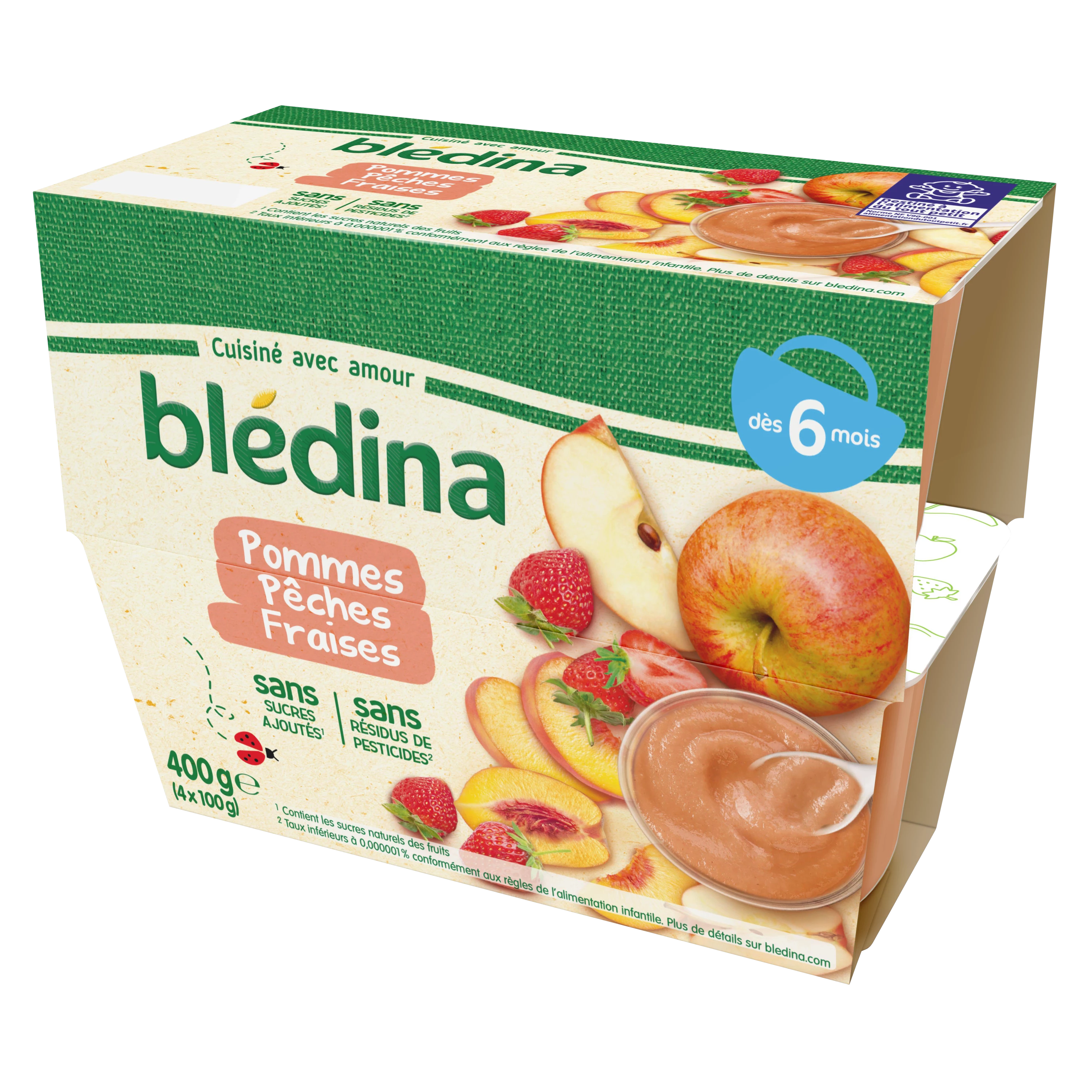 Coupelles de fruits bébé des 6 mois pommes, pêches et fraises  4x100g - BLEDINA