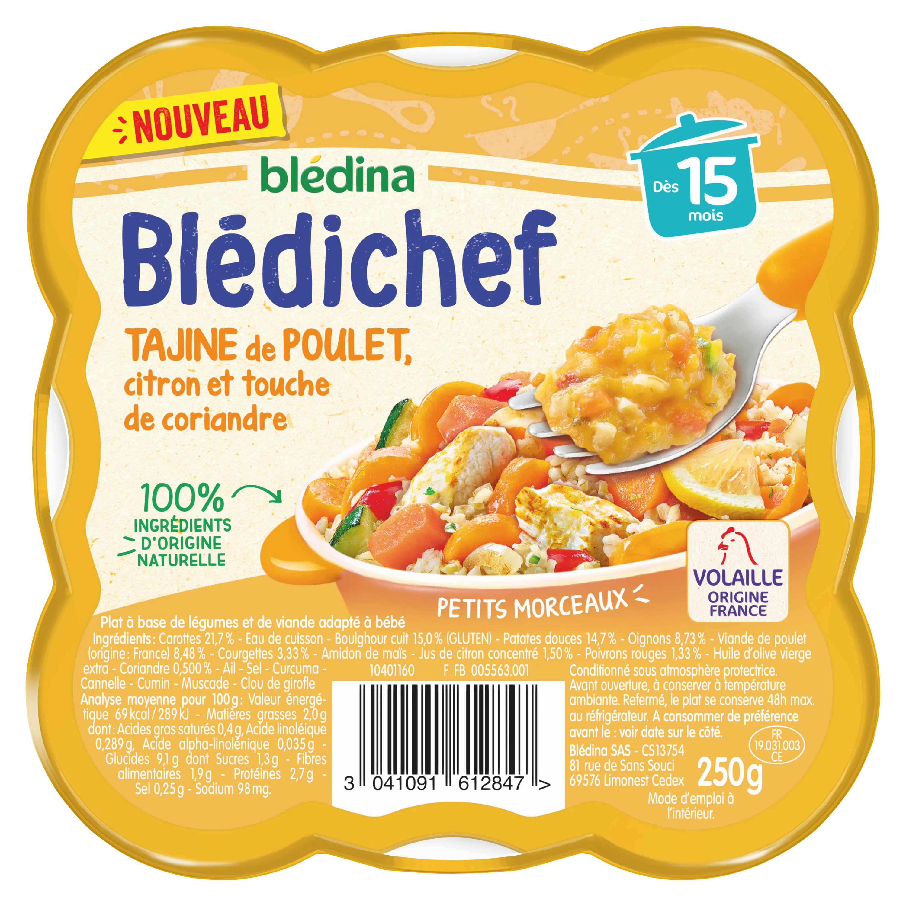 طبق بليديشيف للأطفال من 15 شهر طاجين دجاج بالليمون مع لمسة من الكزبرة 250 جرام - BLEDINA