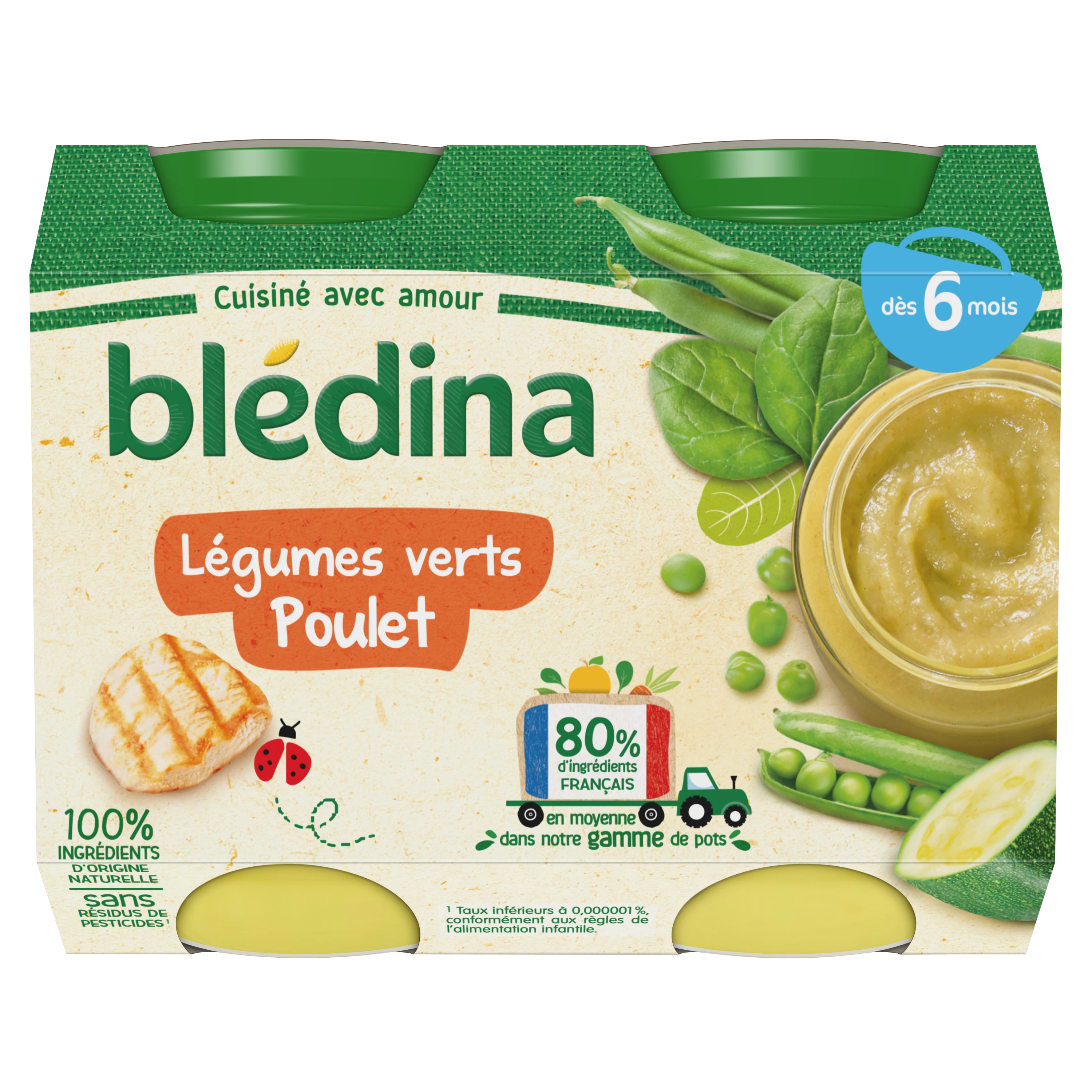 6か月の緑の野菜の鶏肉から作られた小さなベビーポット 2x20g - BLEDINA