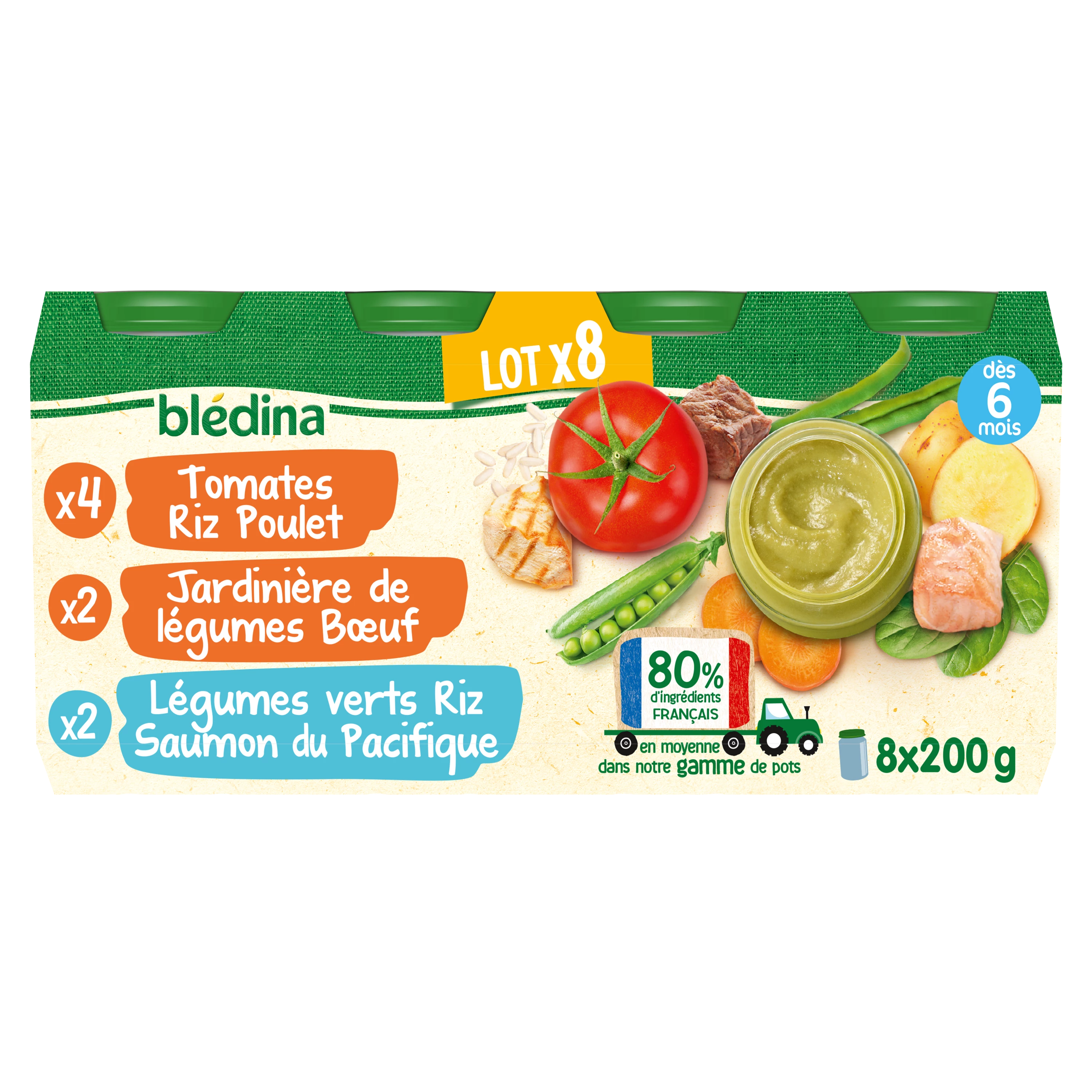 6ヶ月からの小さなベビーポットトマトライスチキン、野菜プランタービーフと緑の野菜サーモンライス8*200g - BLEDINA