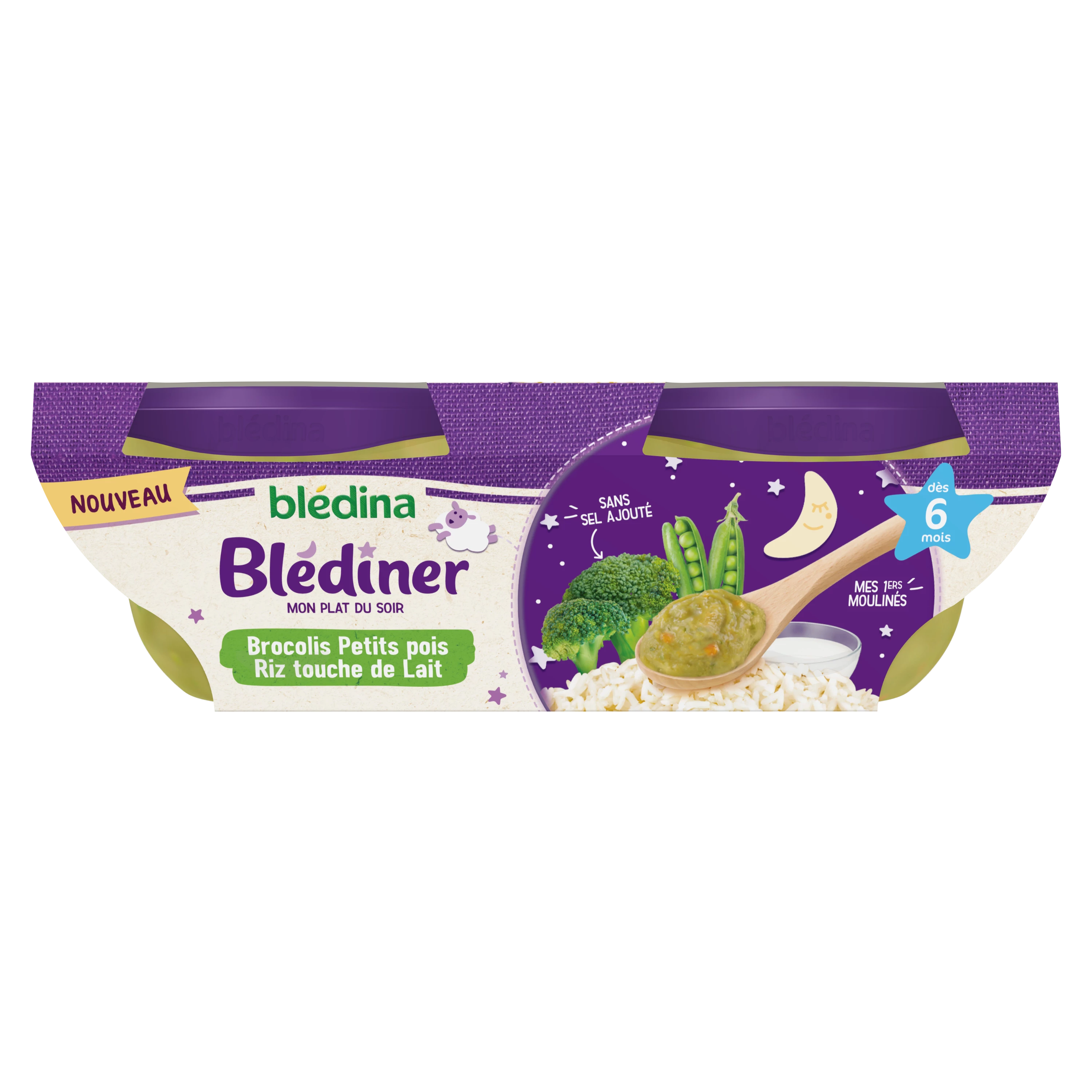 Blédiner bol brócoli guisantes arroz y toque de leche a partir de 6 meses 2x200g - BLEDINA