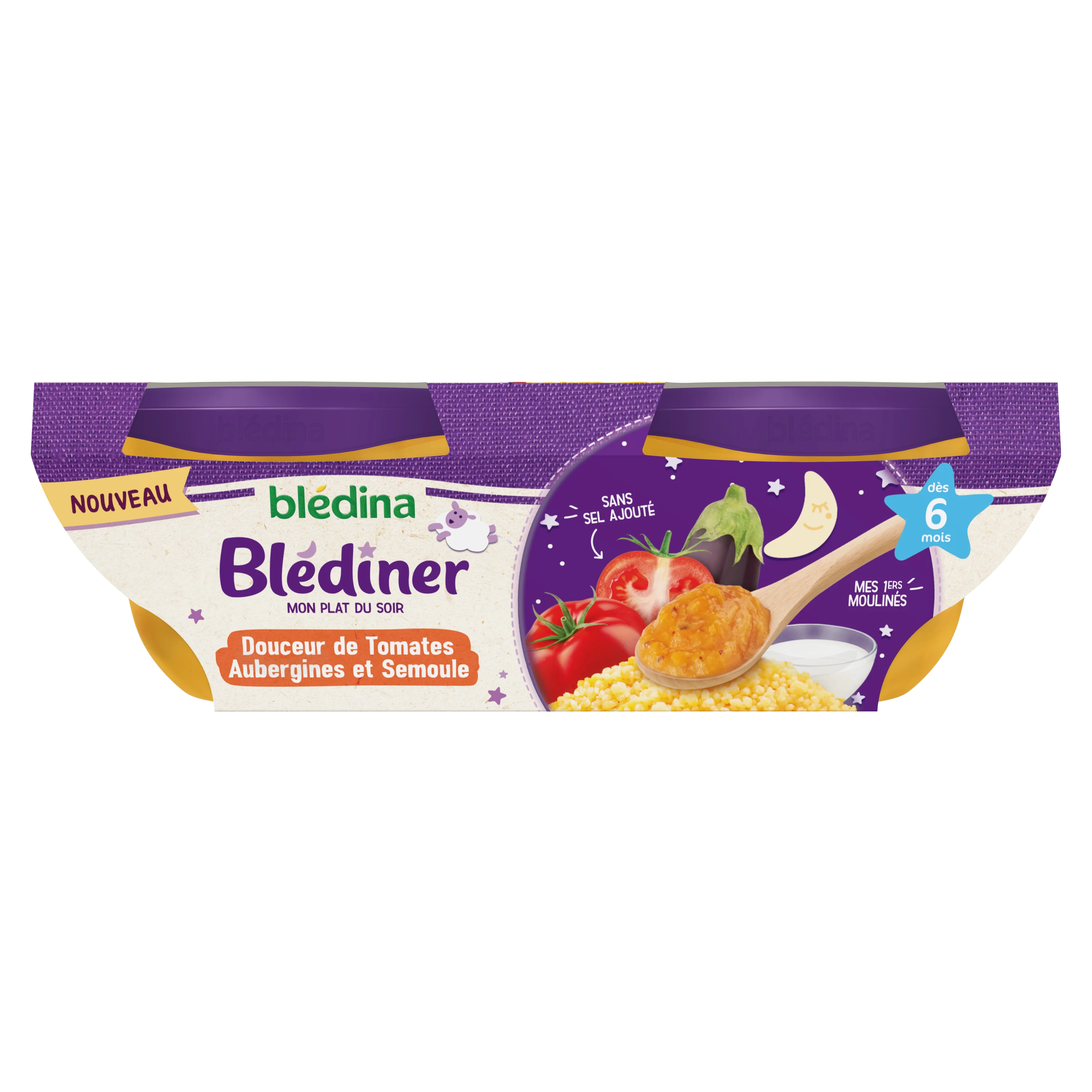 Blédiner Plat bébé soir dès 6 mois douceur de tomates aubergines semoule 2x200g - BLÉDINA