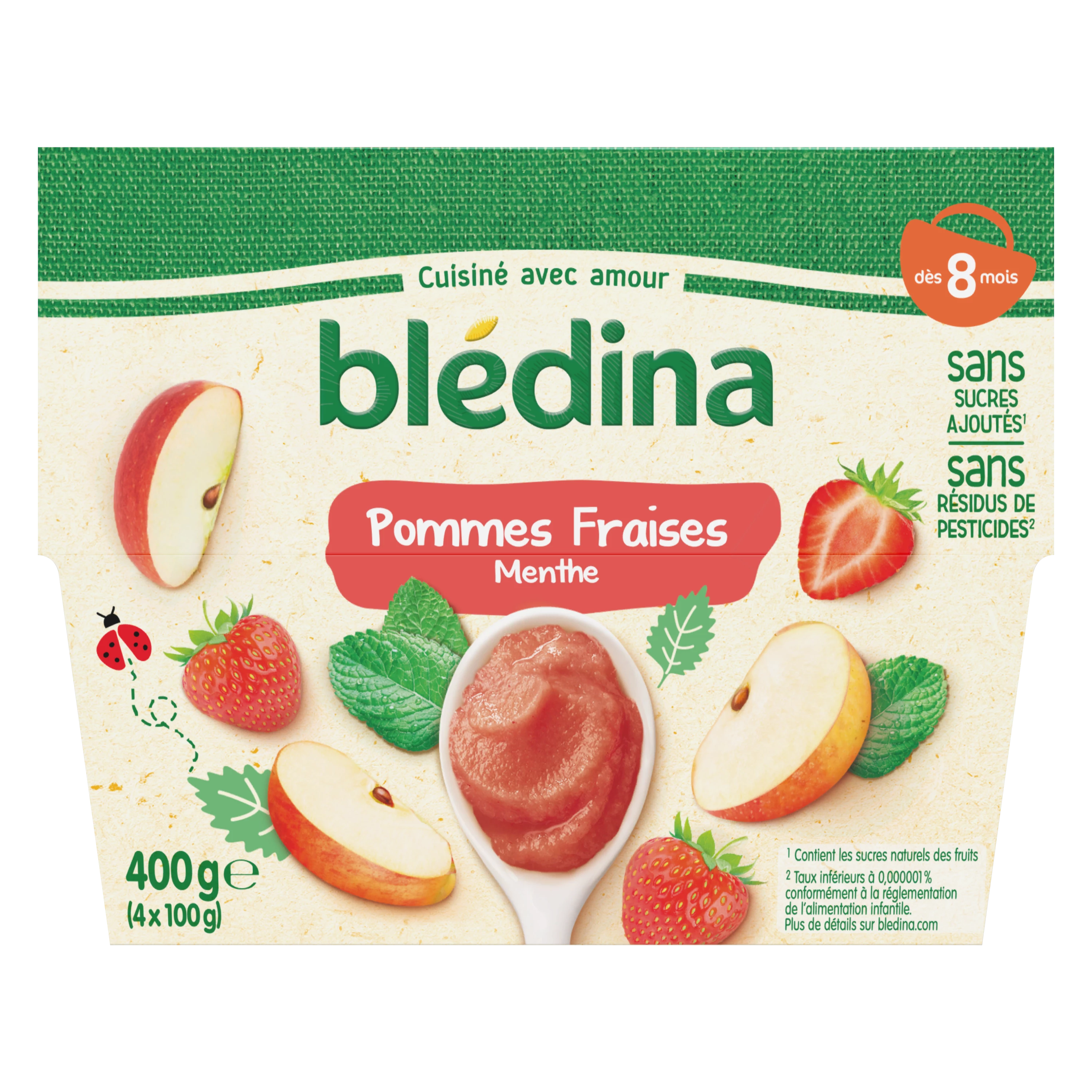 Purée de fruits bébé dès 8 mois pommes fraises menthe 4x100g - BLEDINA