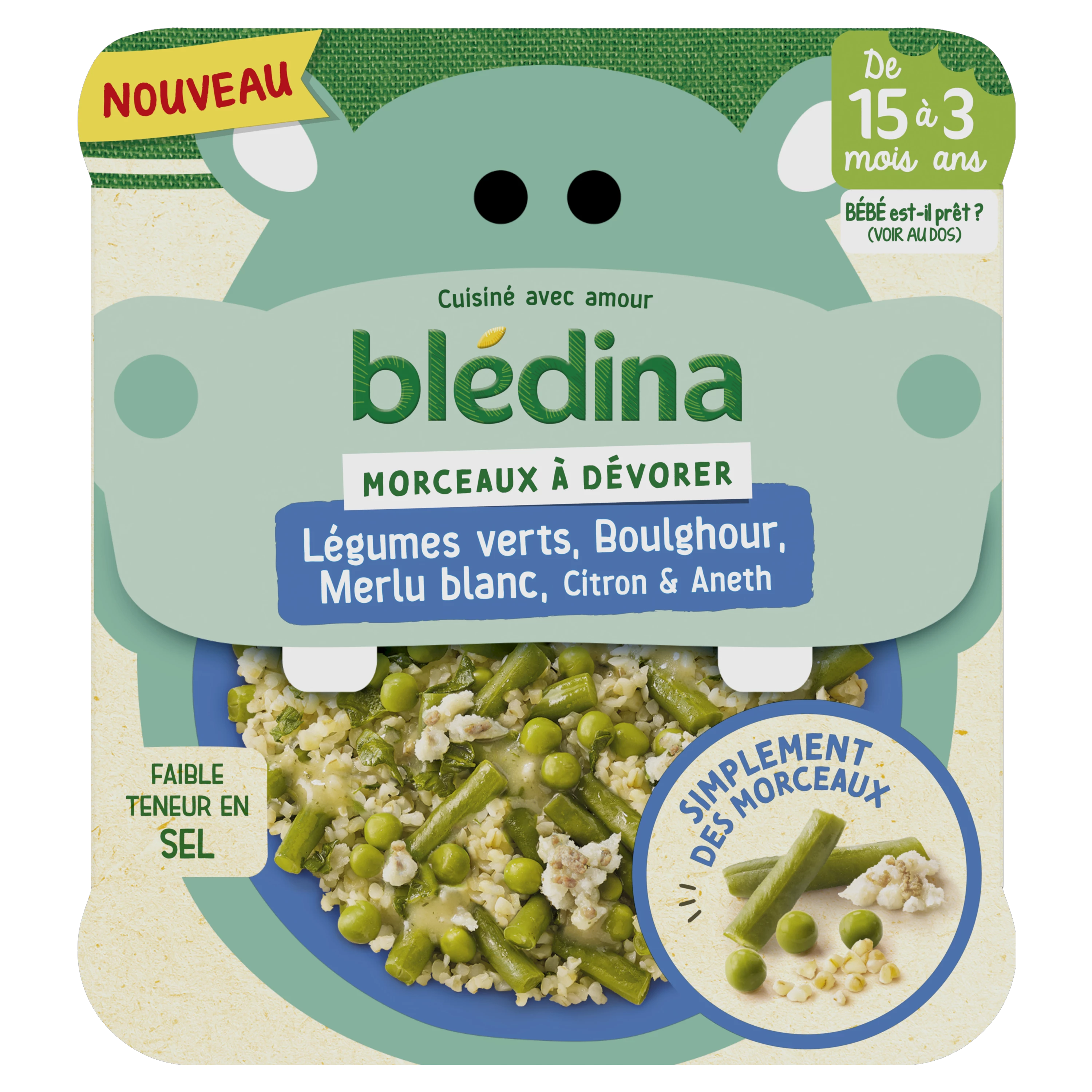 15か月からの緑の野菜のベビーディッシュ ブルグル・ホワイトメルルーサ・レモンとディル 200g - BLEDINA