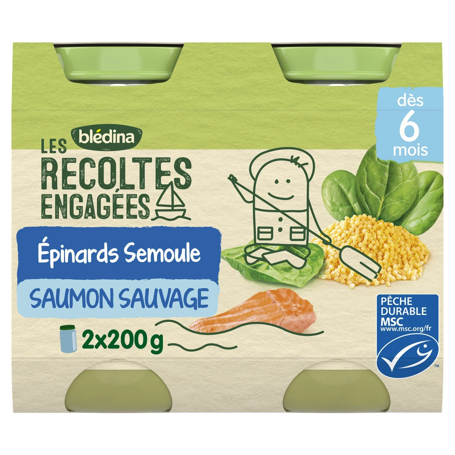 Petit pot bébé dès 6 mois épinards semoule saumon Les Récoltes Engagées 2x200g - BLEDINA