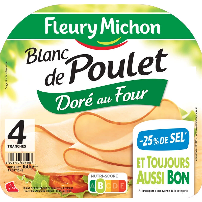 Blanc de Poulet -25% de Sel, 4 Tranches 160g - FLEURY MICHON