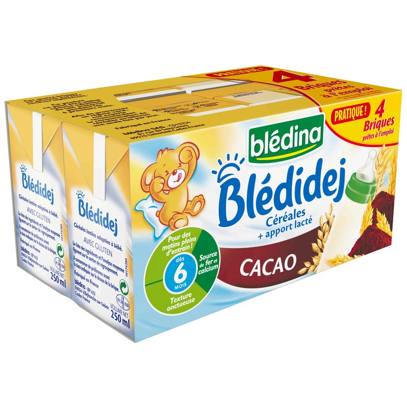 Blédidej cocoa flavor cereals from 6 months 4x250ml - BLEDINA