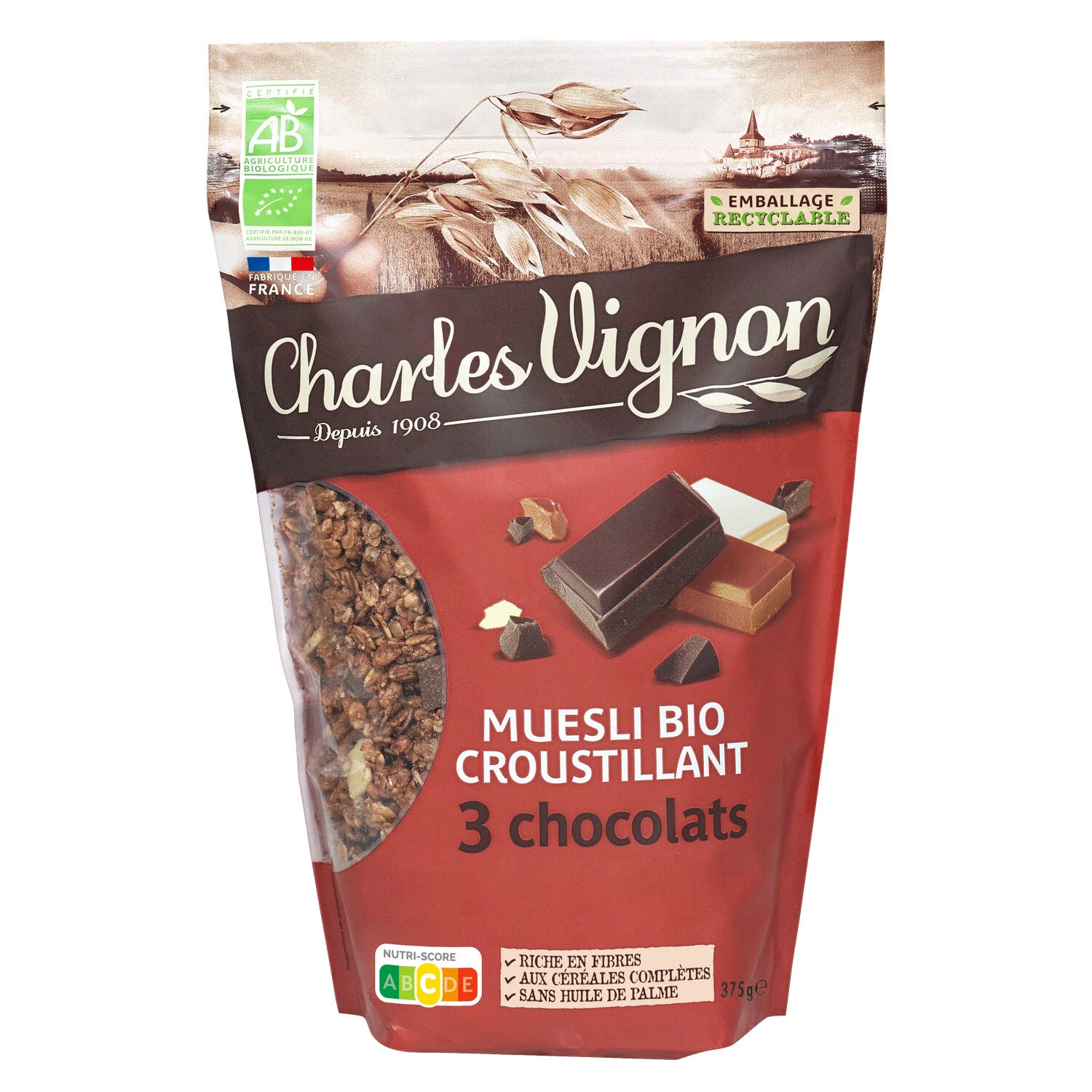 Céréales Muesli Croustillant 3 Chocolats Bio 375g - Charles Vignon
