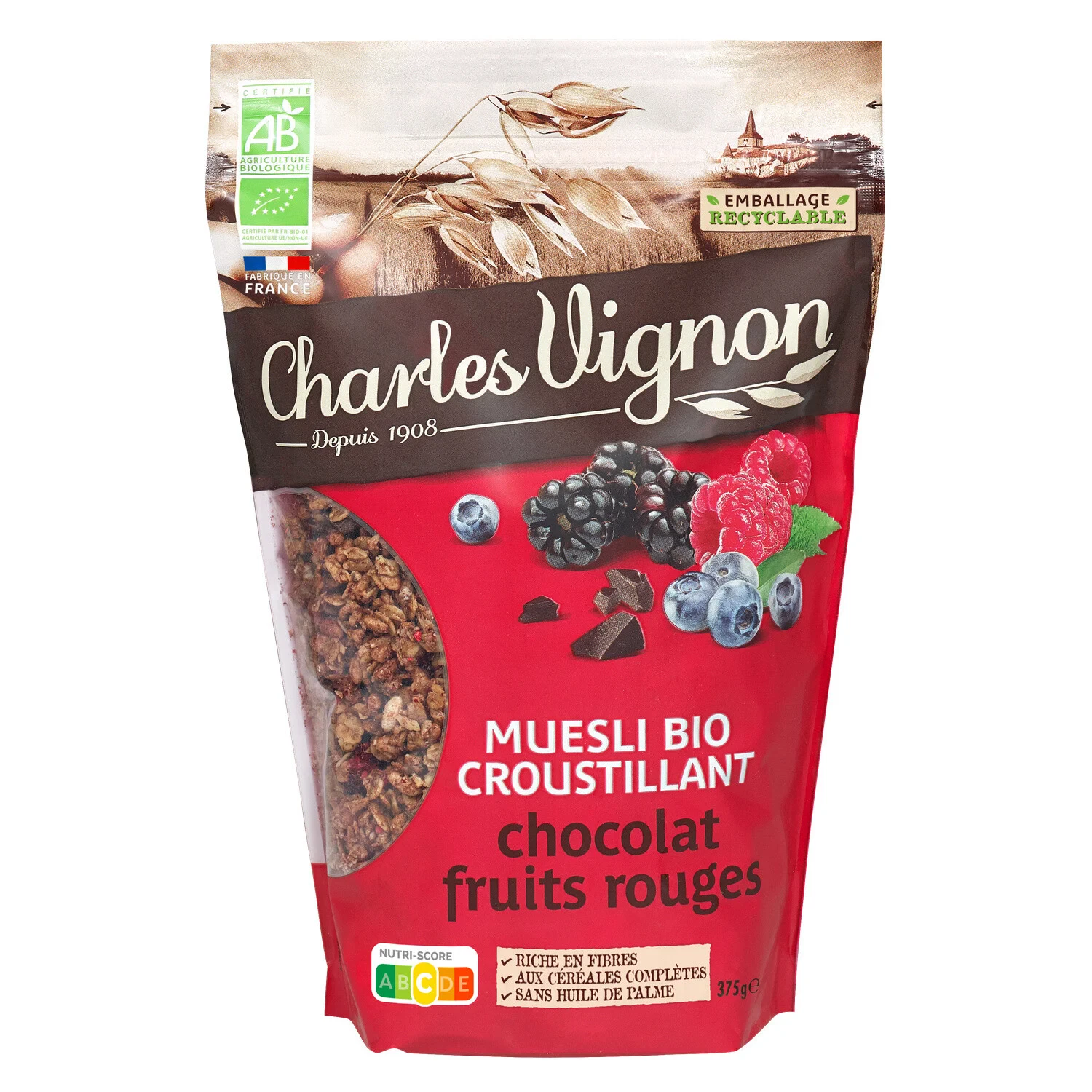 Céréales Muesli Croustillant Chocolat Fruits Rouges Bio 375g - Charles Vignon