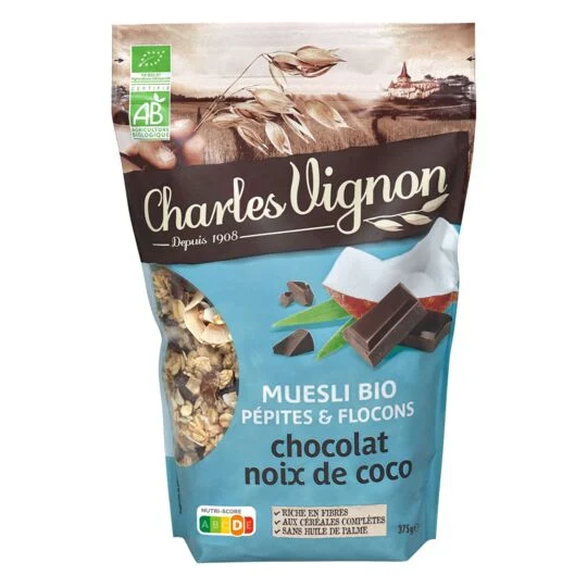 Céréales Muesli Pépites Et Flocons Chocolat Noix De Coco Bio 375g - Charles Vignon