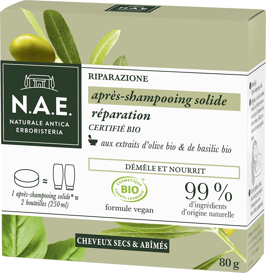 Après-shampooing solide réparation extraits d'olive de basilic Bio - NAE