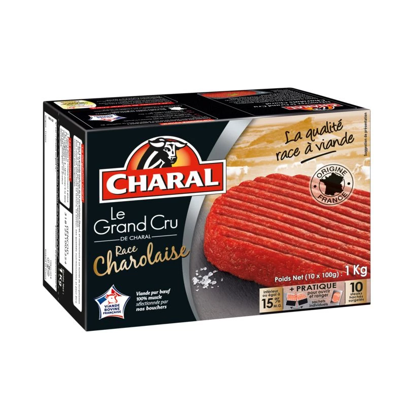 Pure Charolais beef minced steaks 15% M.F 10x100g - CHARAL