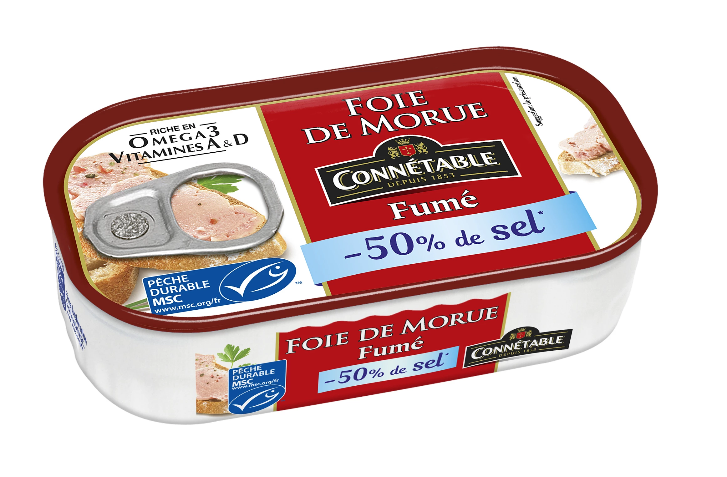 Foie de Morue MSC Fumé au Bois de Hêtre à 50% de Sel; 121g  - CONNÉTABLE