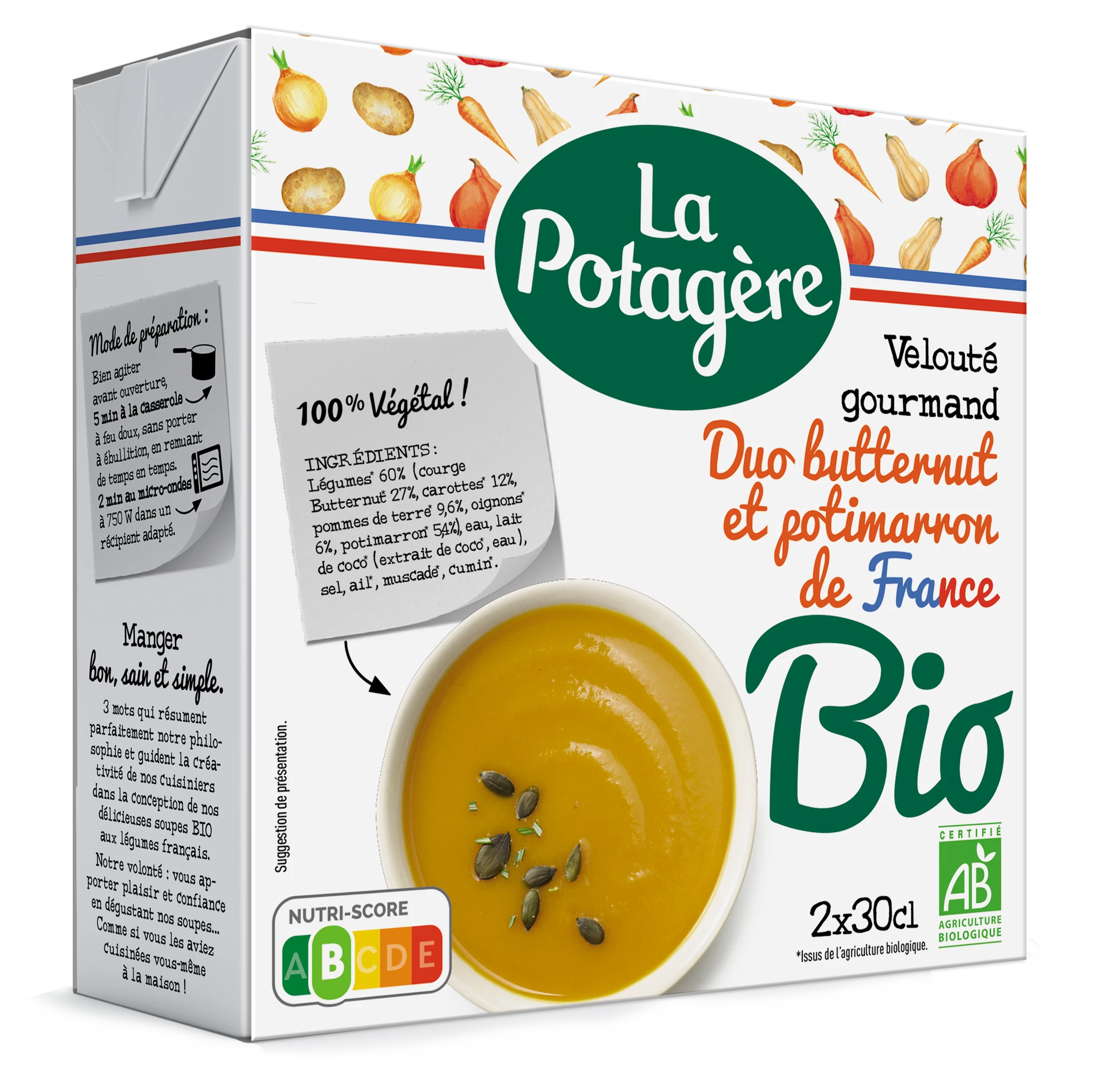 Velouté gourmand, duo de butternut et potimarron de France Bio, 2x30cl, LA POTAGERE