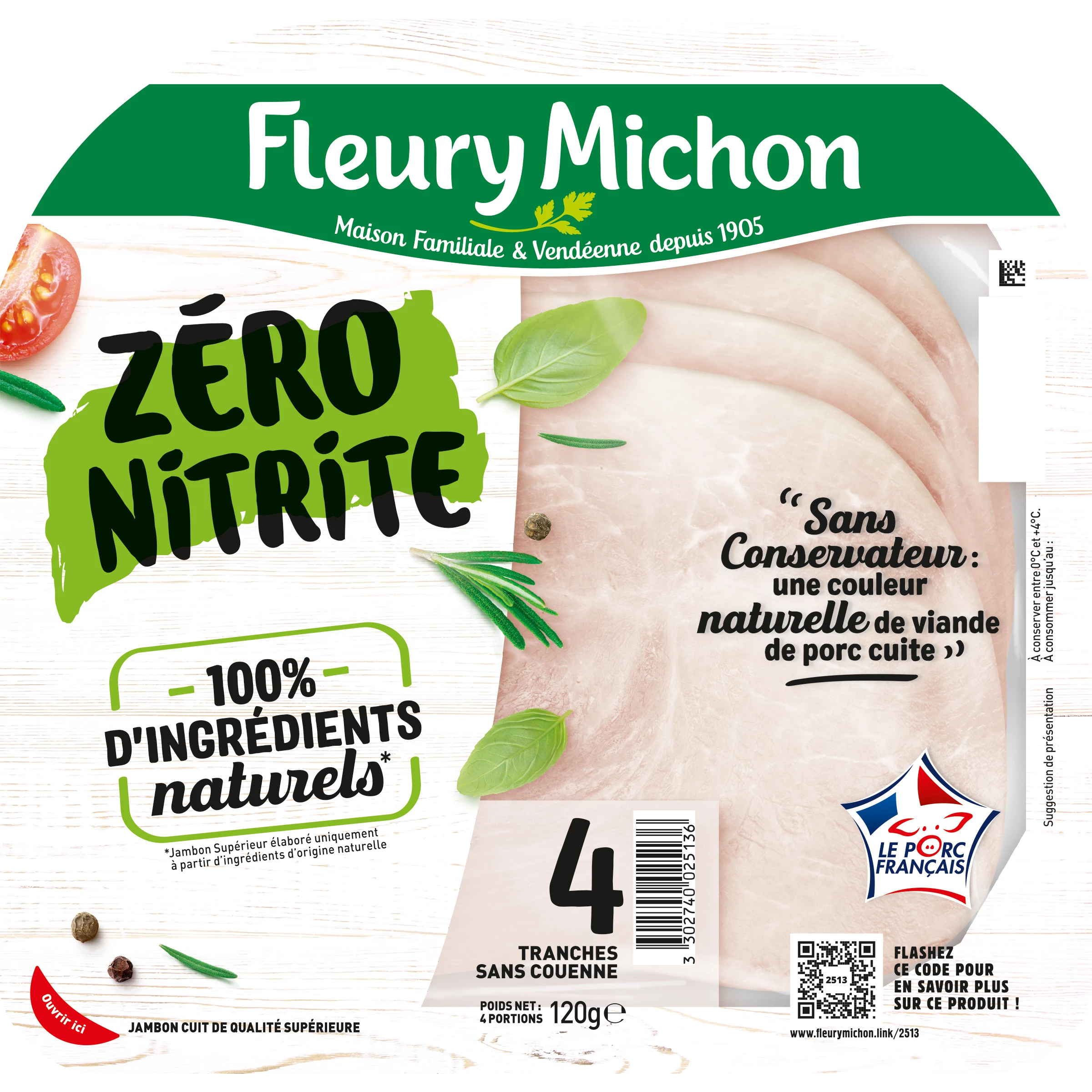 Jambon de Porc Zéro Nitrite, 4 Tranches - FLEURY MICHON