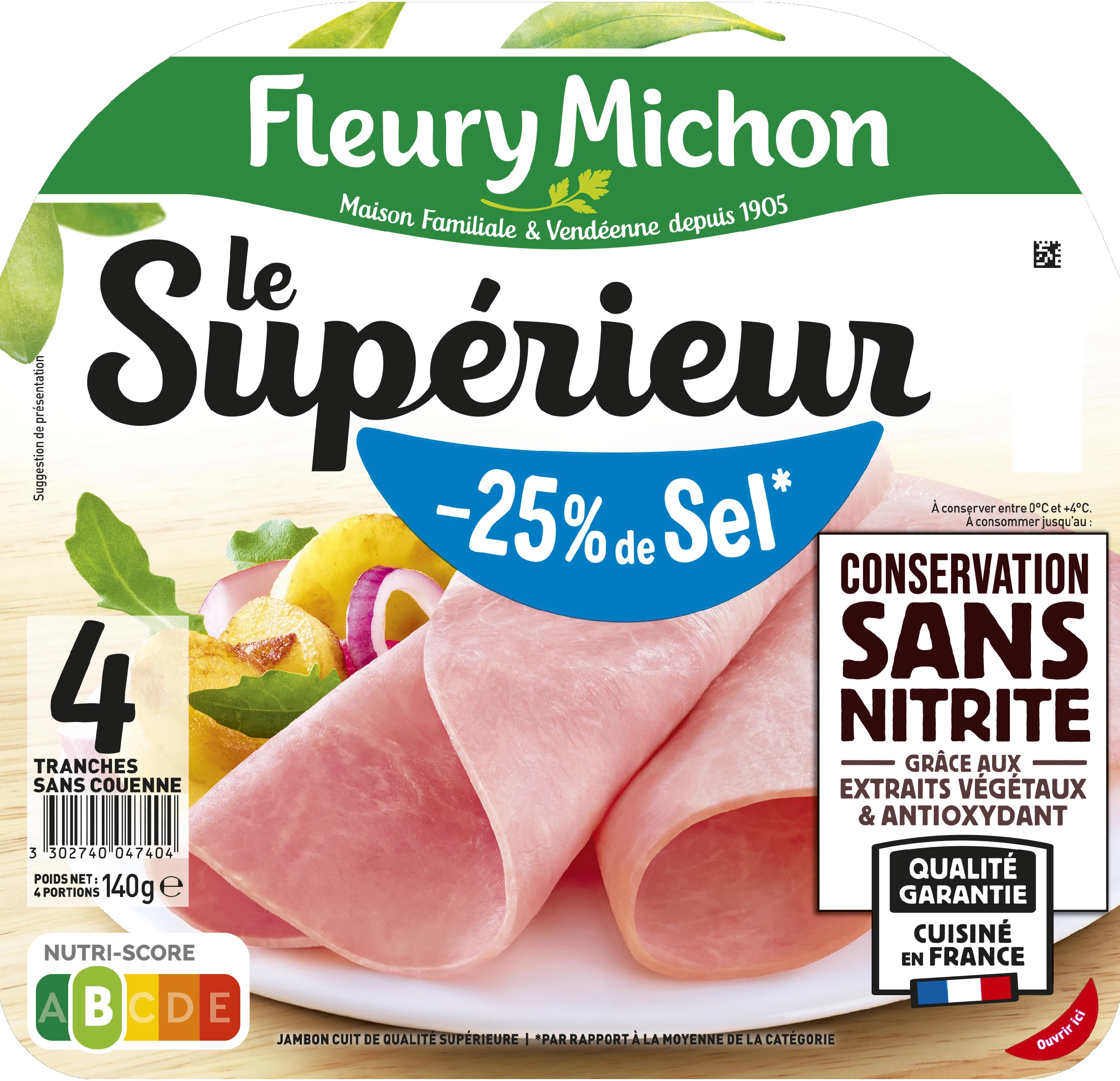 Jambon Le Supérieur Conservation sans Nitrite Réduit en Sel, 4 Tranches - FLEURY MICHON