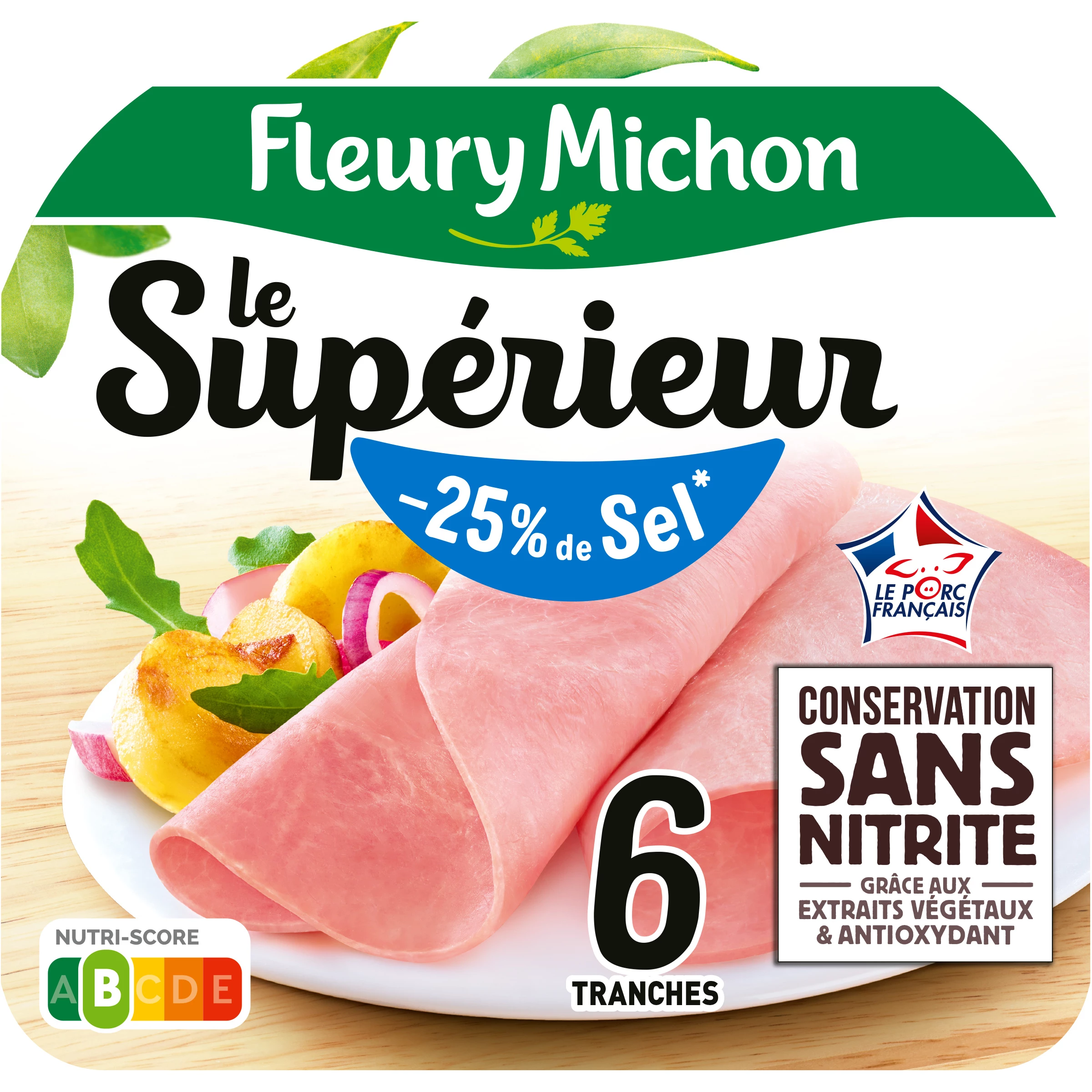 Jambon Cuit sans Couenne sans Nitrite Réduit en Sel -25%, 6 Tranches - FLEURY MICHON