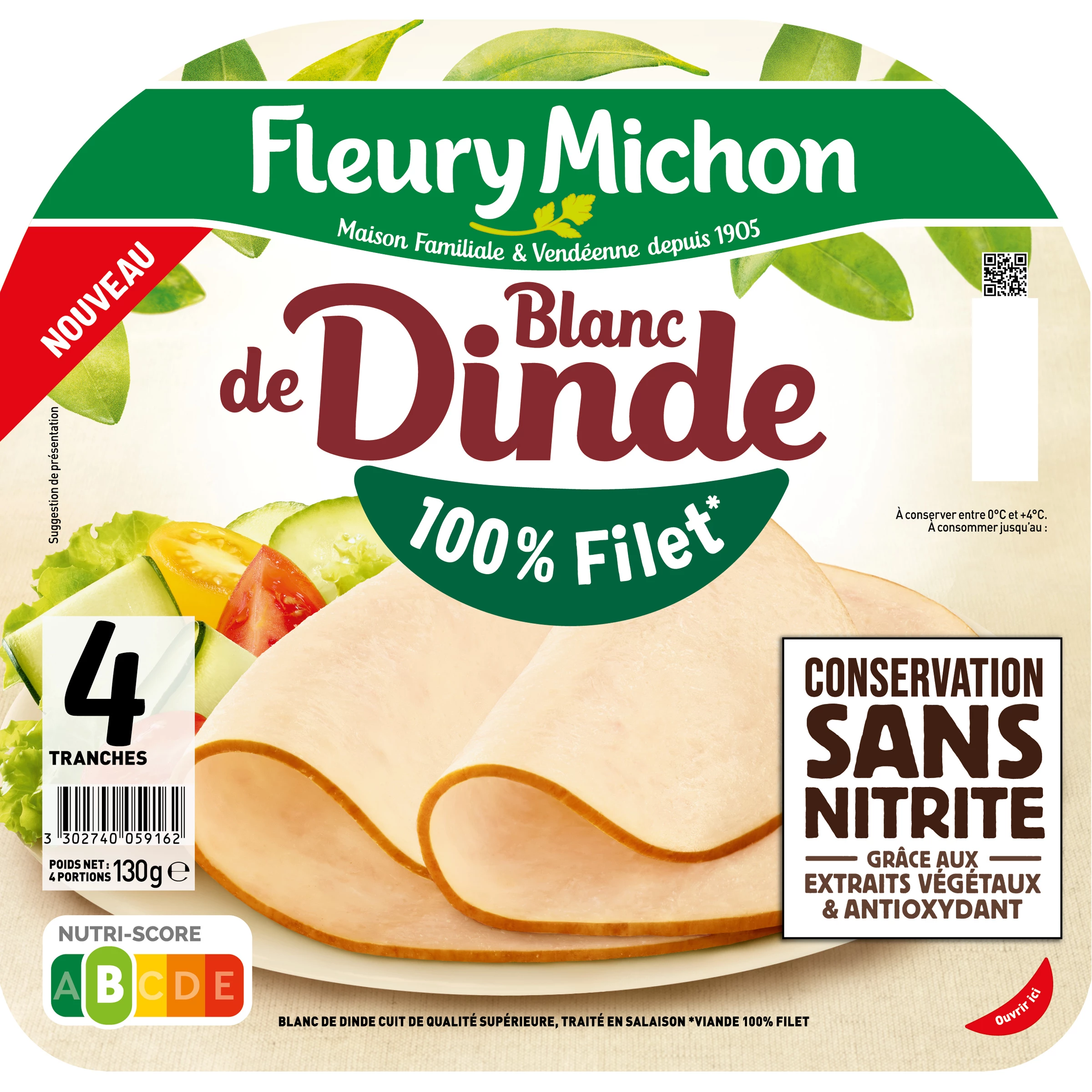 Blanc de Dinde Conservation sans Nitrite 100 % Filet, 4 Tranches - FLEURY MICHON