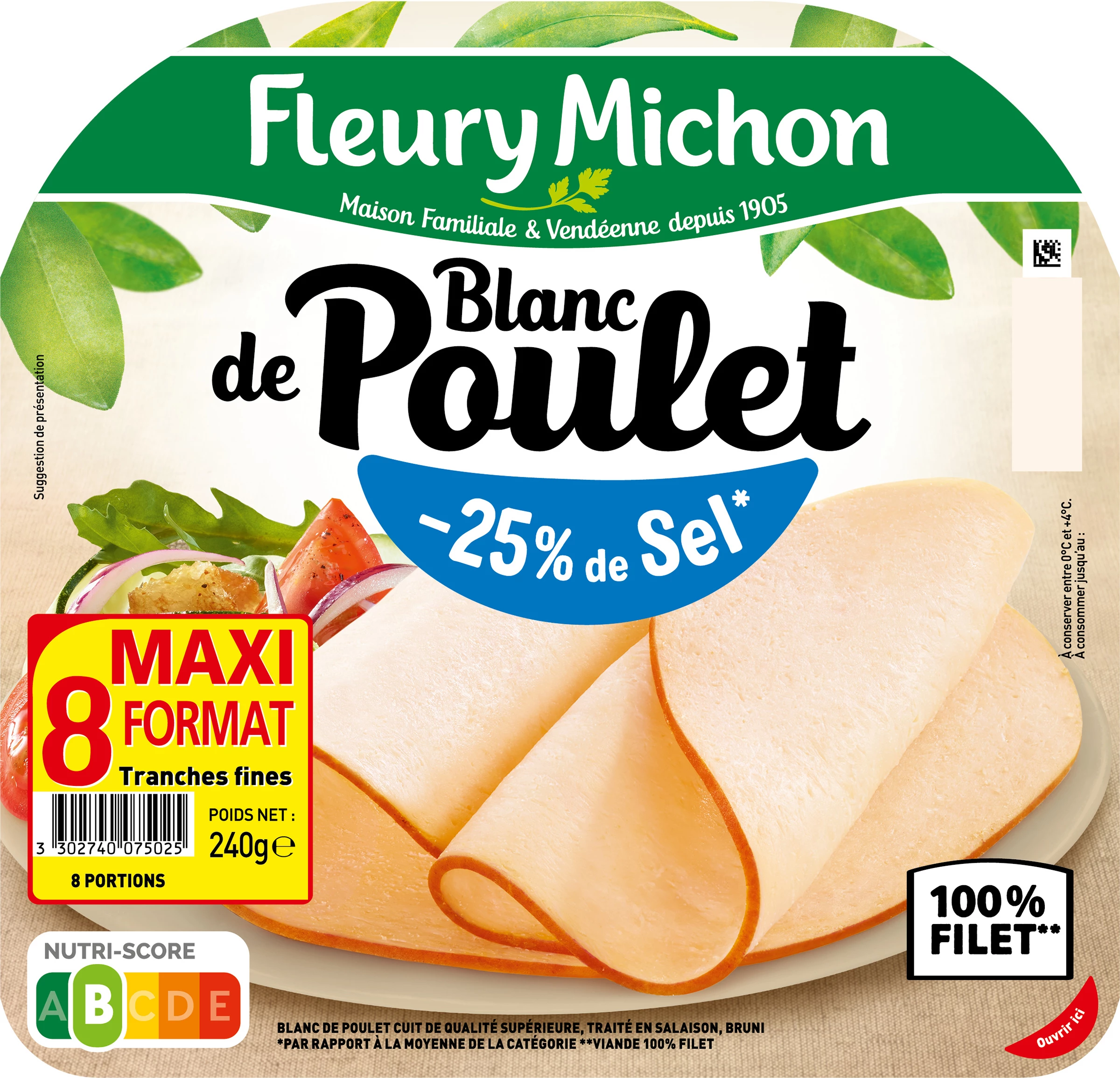 Blanc Poulet -25% de Sel, 8 Tranches 240g - FLEURY MICHON