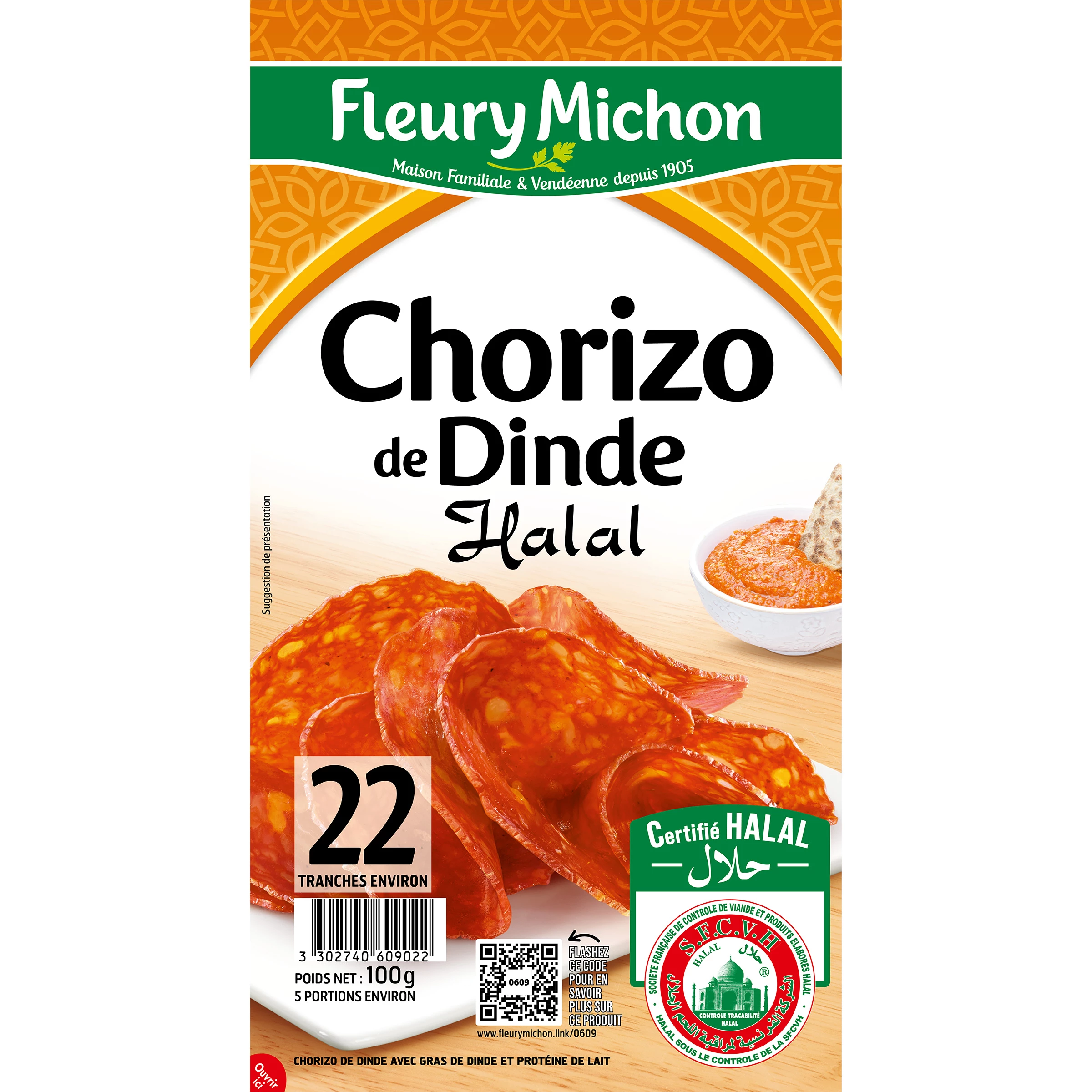 Chorizo Dinde Halal, 100g - FLEURY MICHON