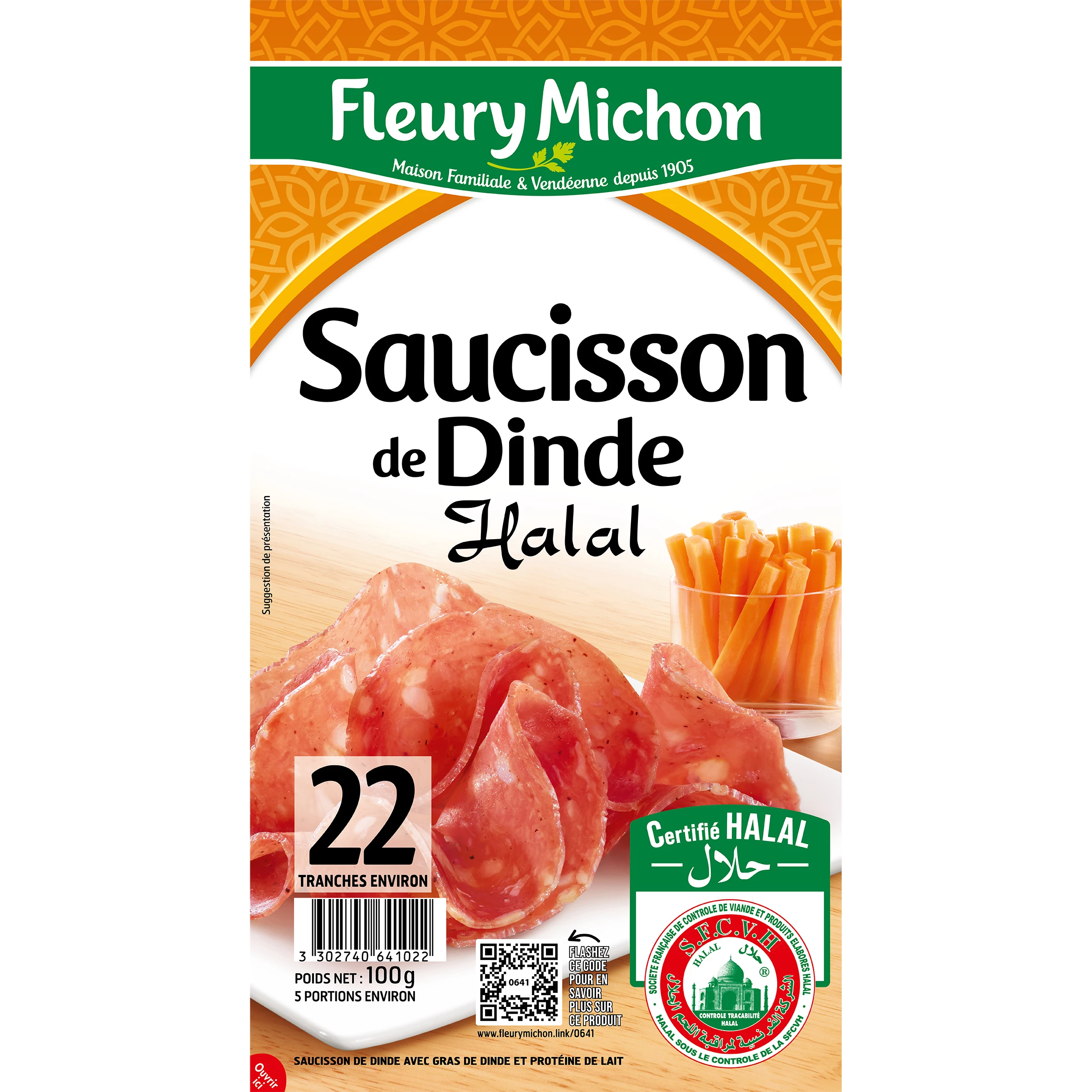 Saucisson de Dinde Halal, 100g -  FLEURY MICHON