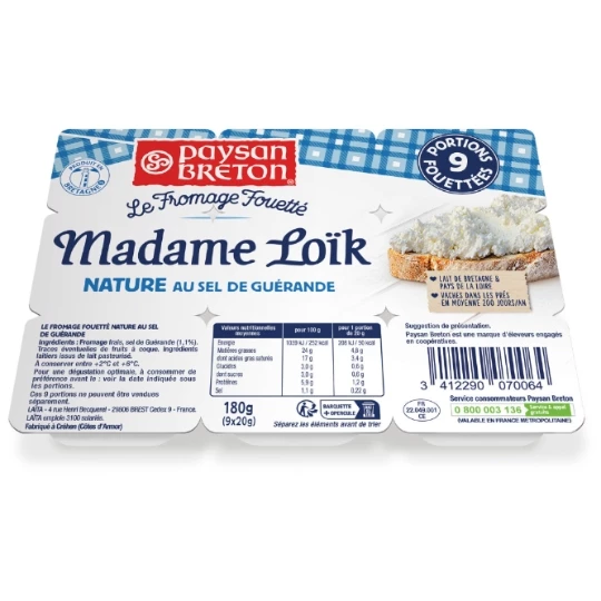 Fromage Fouetté Madame Loïk Nature Au Sel De Guérande 9x20g - Paysan Breton