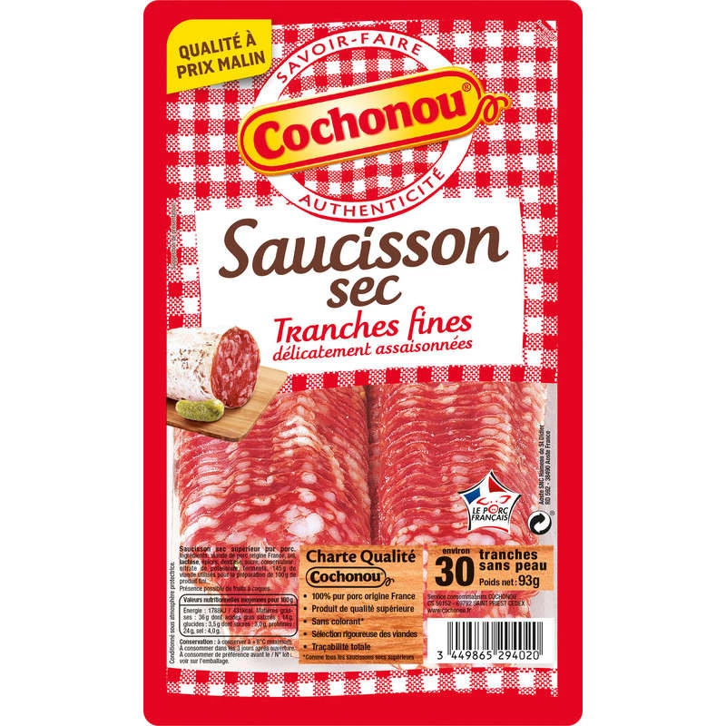 Saucisson Sec en Tranches Fines, 93g - COCHONOU