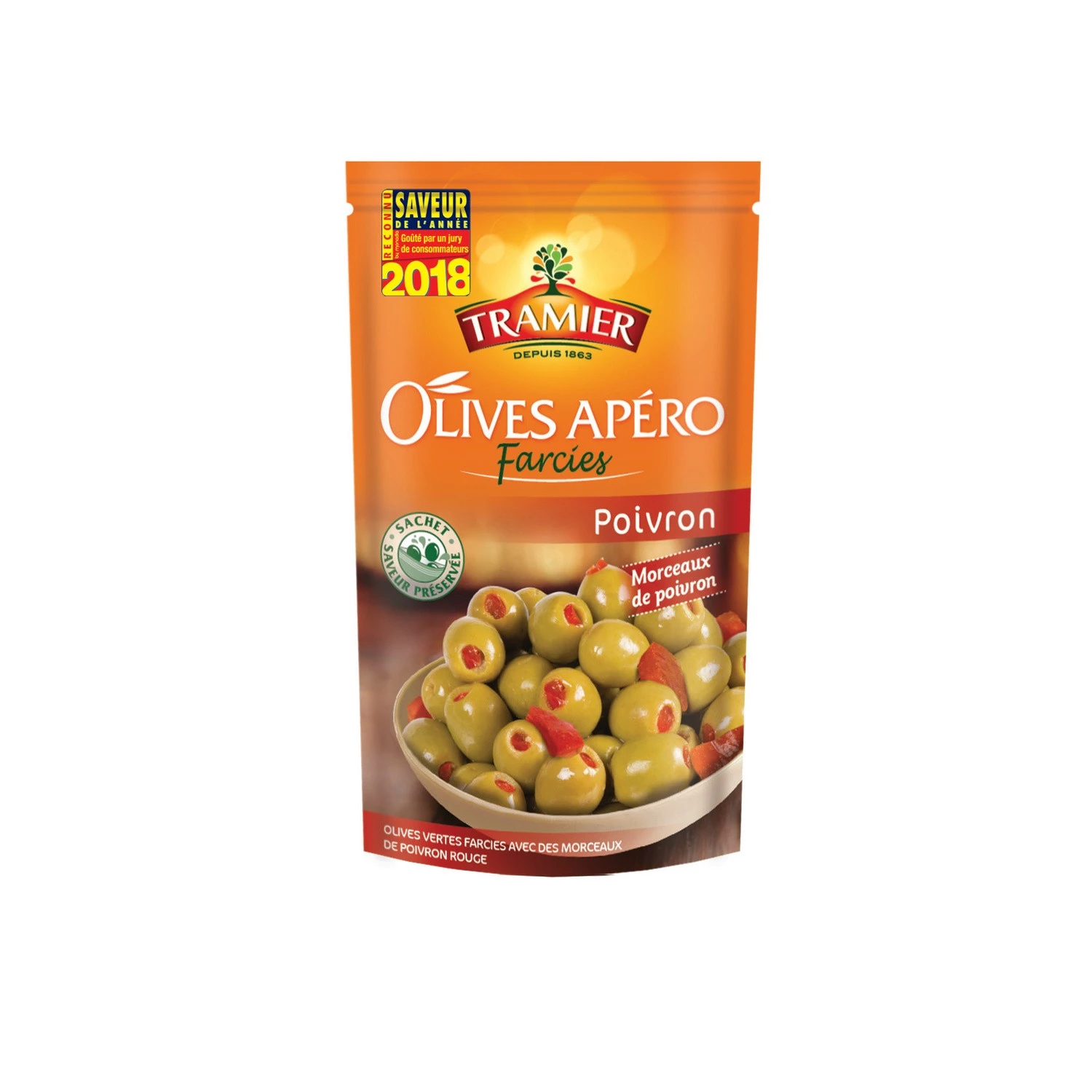 Olives Vertes Farcies poivron, 130g - TRAMIER