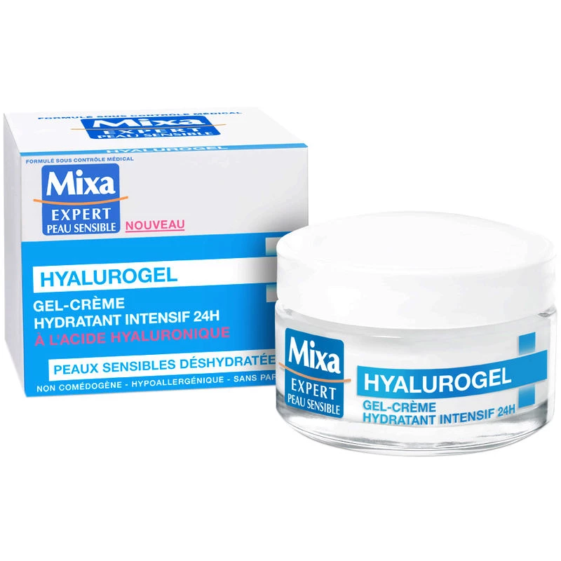 Hyalurogel 24 小时保湿凝胶霜治疗脱水敏感肌肤，50 毫升 - MIXA