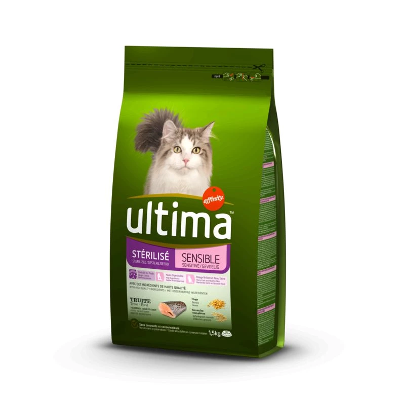 Comida para gatos esterilizada de trucha/cebada 1,5kg - ULTIMA