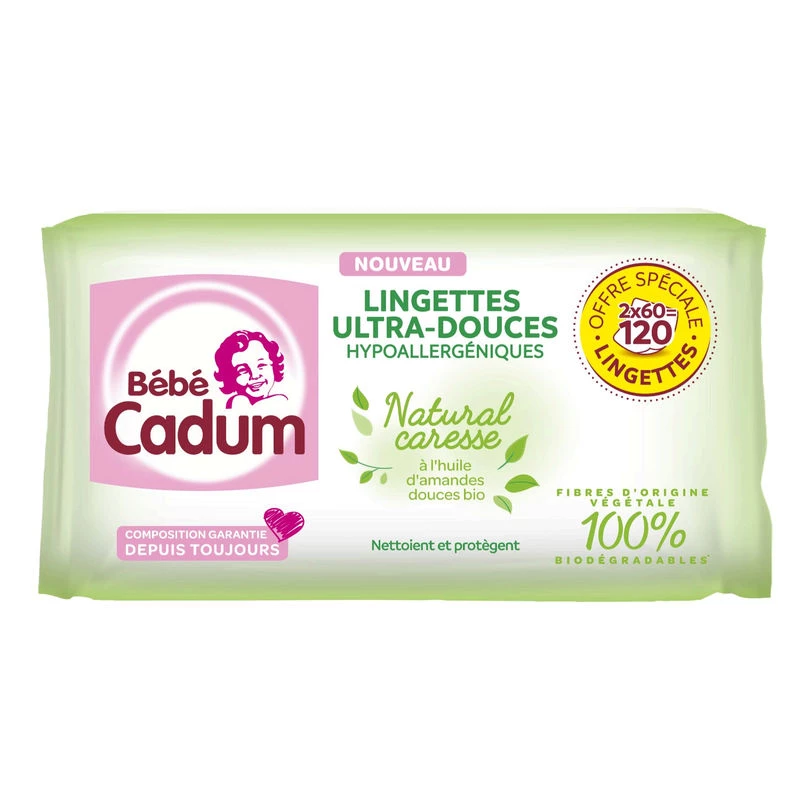 Ultra-soft natural caress wipes 2x60 - CADUM