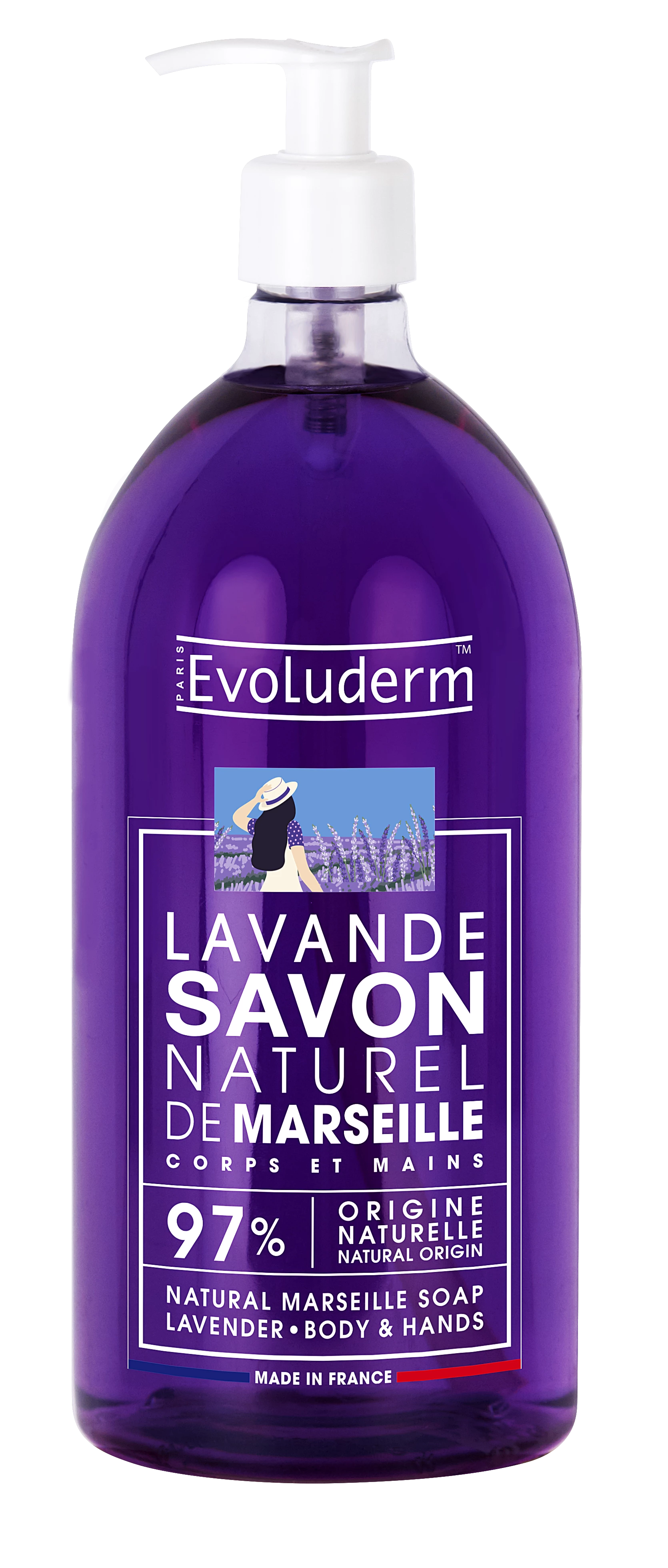 ラベンダー天然液体マルセイユ石鹸、1L - EVOLUDERM