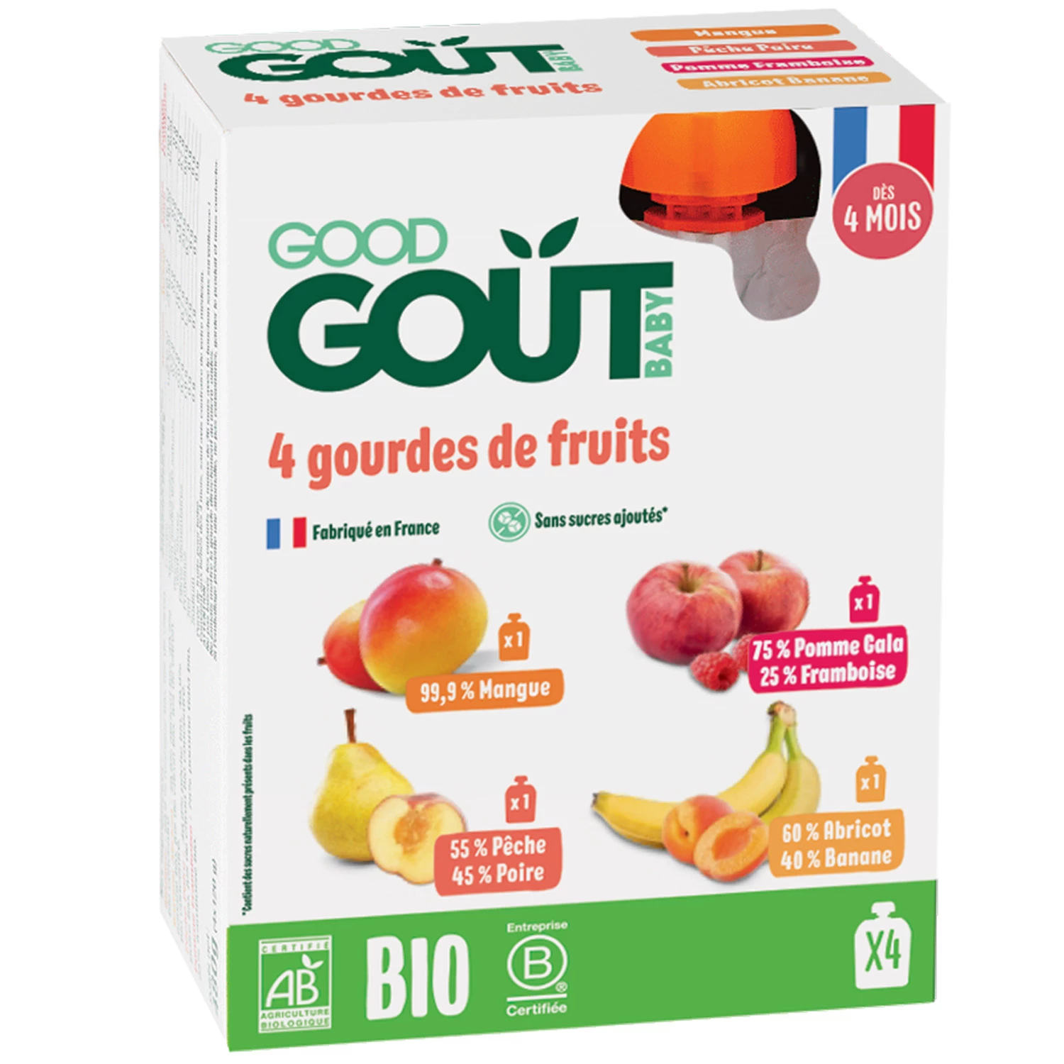 Fruit puree to drink for babies from 4 months strawberry banana without added sugar Organic, 4x120g, GOOD GOUT