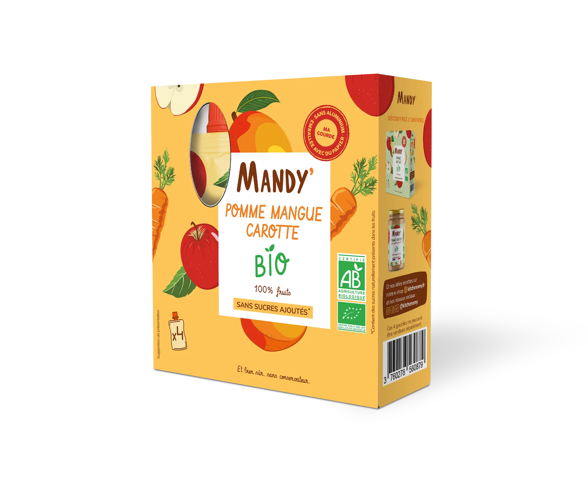 Packung mit 4 Bio-Apfel-Mango-Karotten-Flaschen 4x90 GX8 - MANDY'