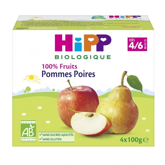 Compotes pommes & poires Bio dès 4/6mois 4x100g - HIPP