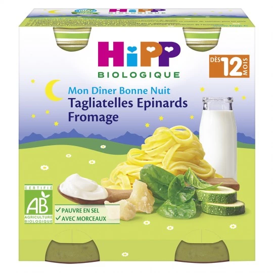 Biologische babyschotel tagliatelle/spinazie/kaas vanaf 12 maanden 2x250g - HIPP