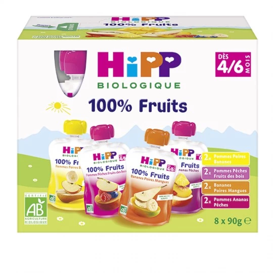 Sortiment Babywasserflaschen 4 Geschmacksrichtungen Bio ab 4/6 Monaten 8x90g - HIPP