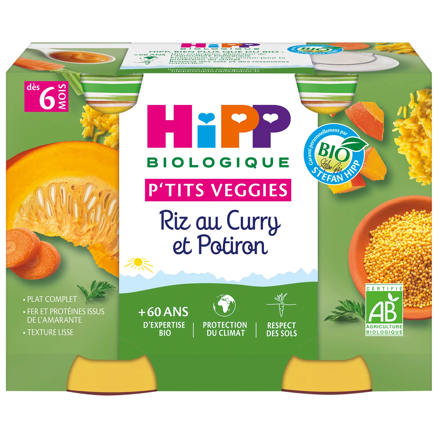 Tarritos pequeños para bebés a partir de 6 meses de arroz ecológico con curry y calabaza, 2 tarritos de 190g HIPP BioLOGIQUE